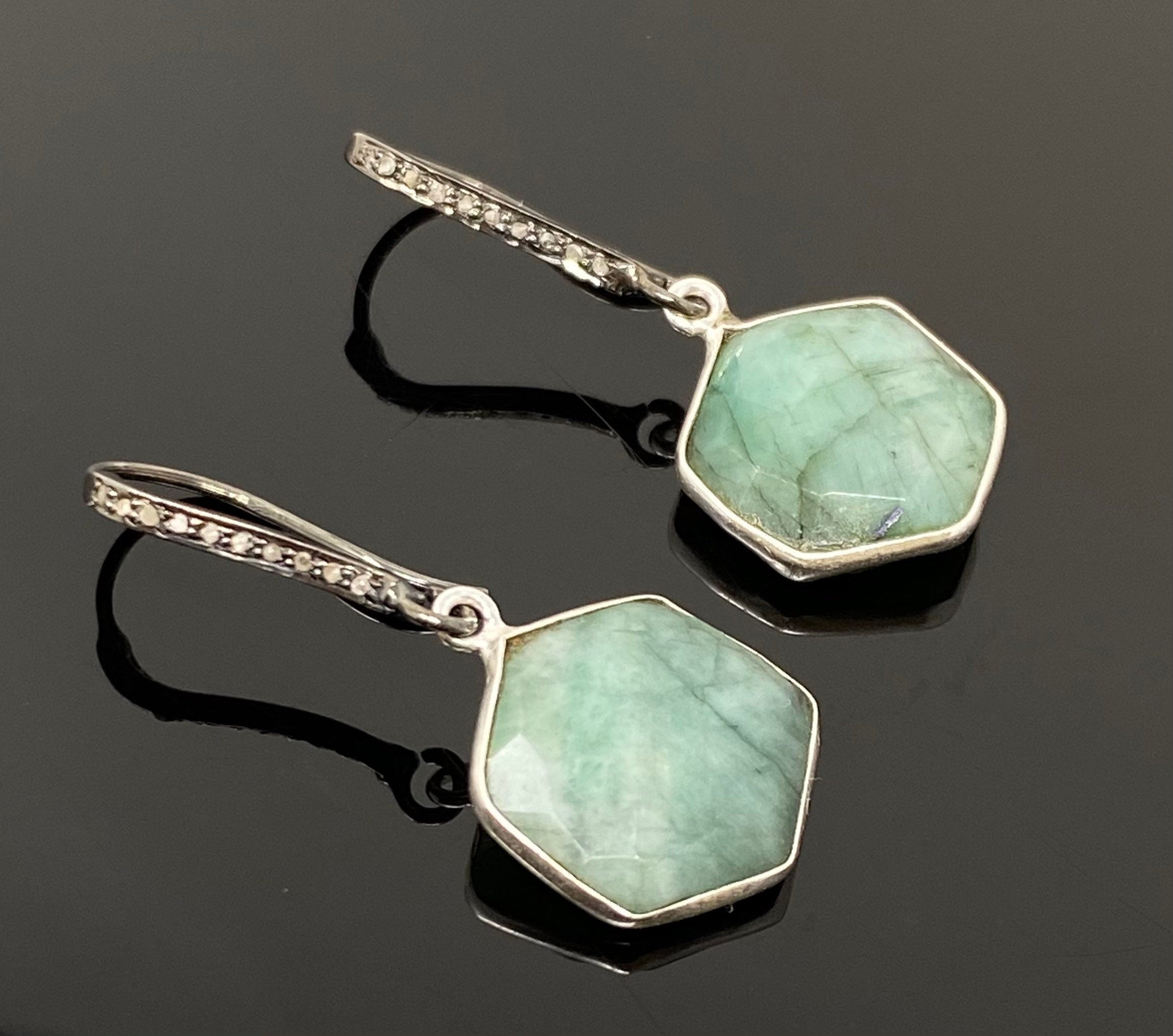 Genuine Emerald Earrings, Pave Diamond Earrings, Sterling Silver