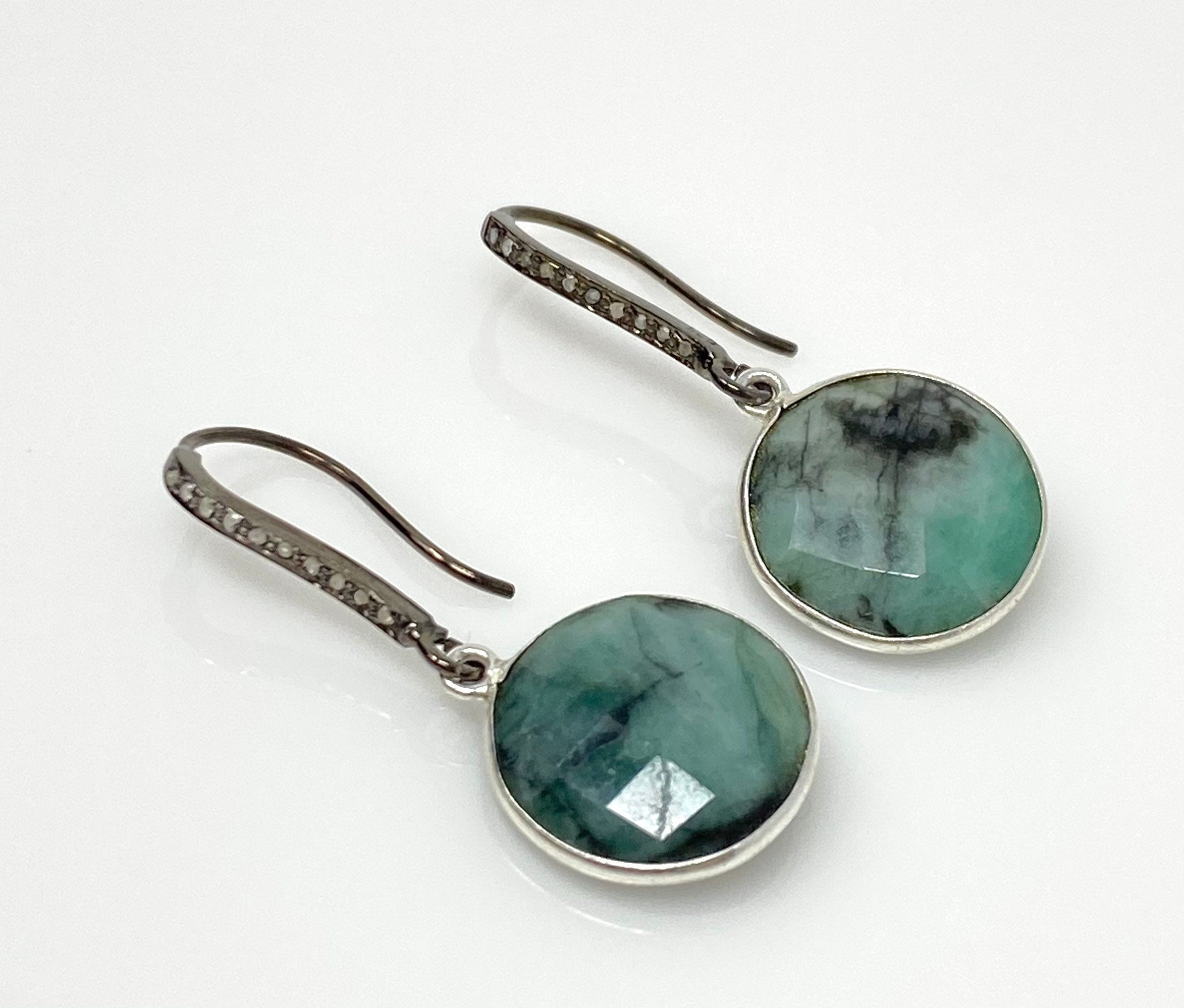 Genuine Emerald Earrings, Pave Diamond Earrings, Sterling Silver