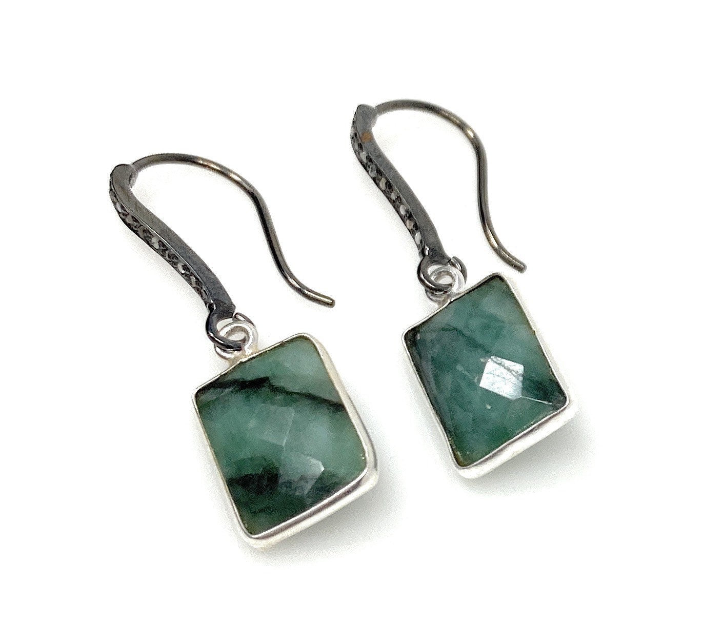 Genuine Emerald Earrings, Pave Diamond Earrings, Sterling Silver