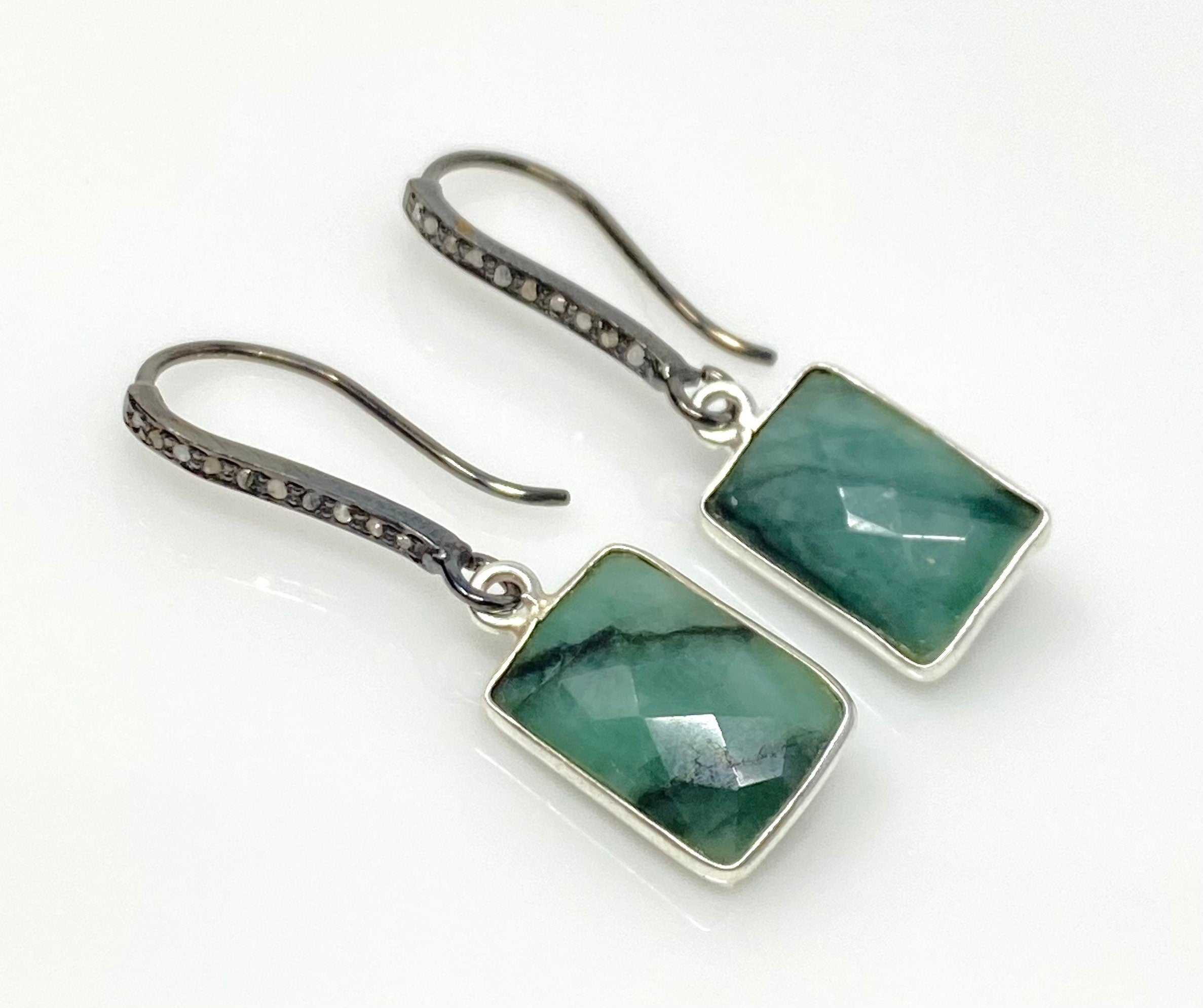 Genuine Emerald Earrings, Pave Diamond Earrings, Sterling Silver