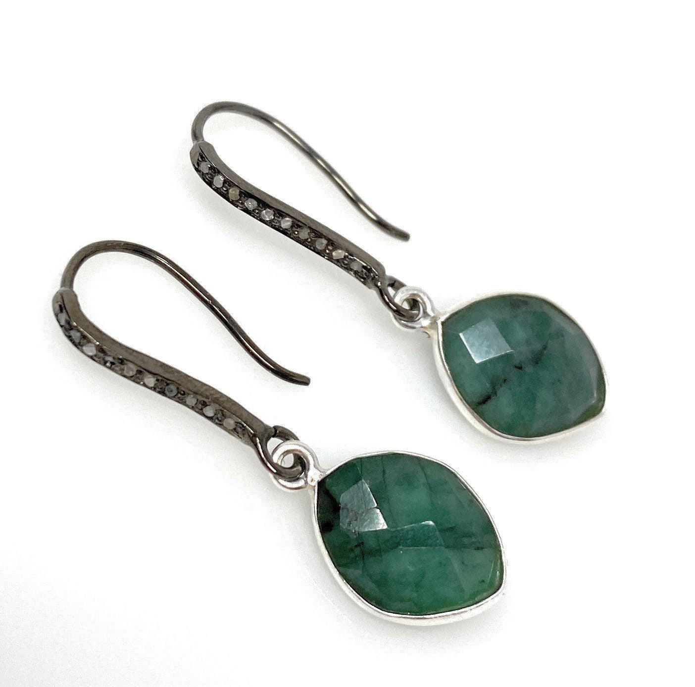 Genuine Emerald Earrings, Pave Diamond Earrings, Sterling Silver