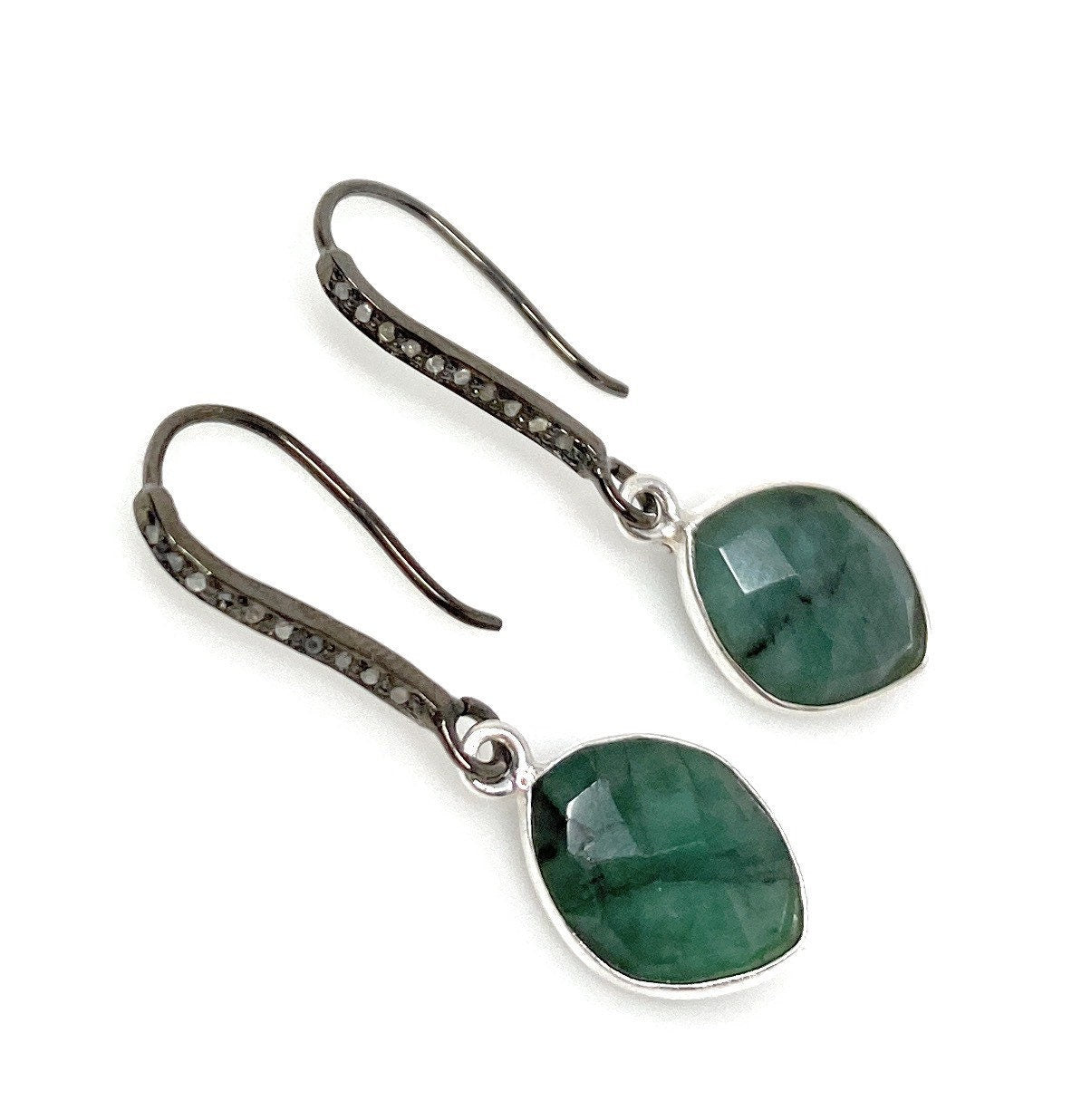 Genuine Emerald Earrings, Pave Diamond Earrings, Sterling Silver