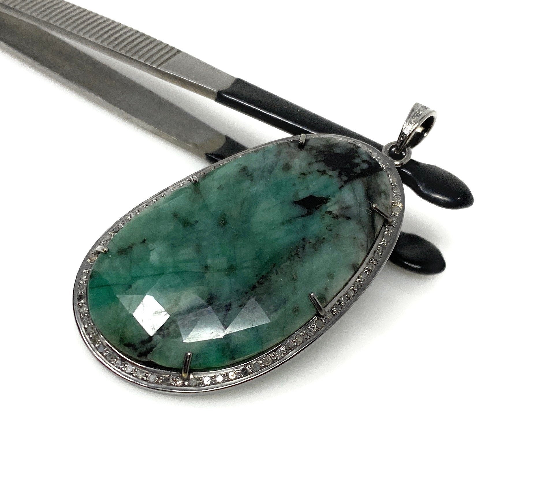 Rare Emerald Diamond Pendant, Natural Emerald Sterling Silver Pendant,