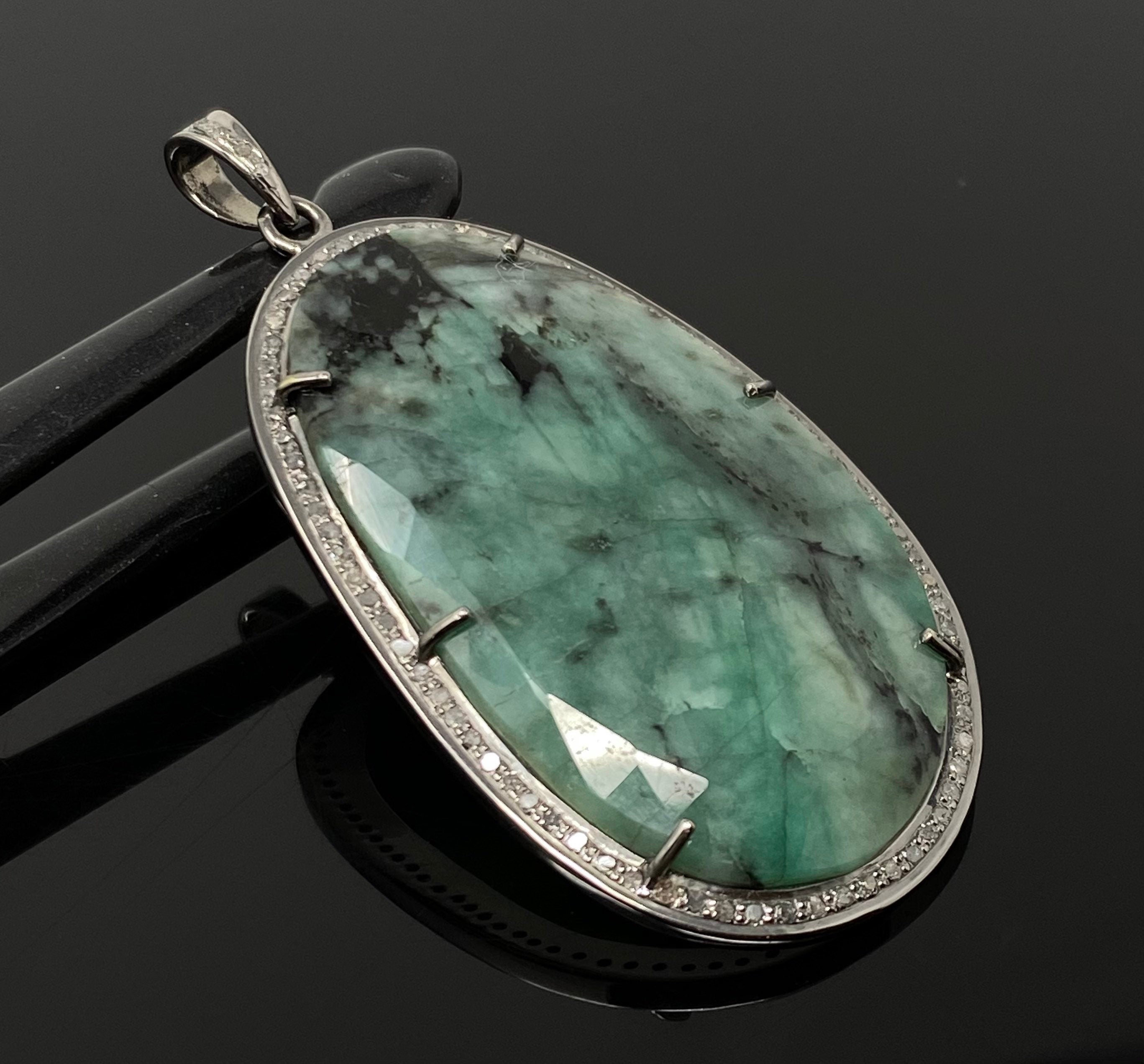 Rare Emerald Diamond Pendant, Natural Emerald Sterling Silver Pendant,