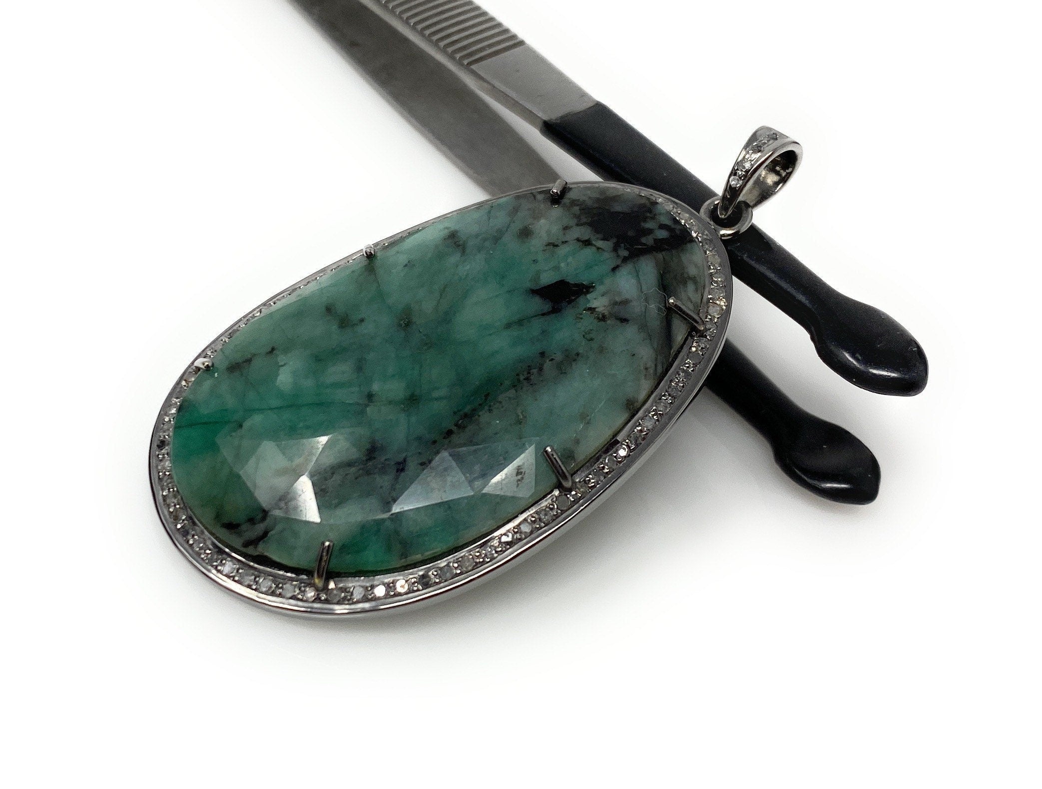 Rare Emerald Diamond Pendant, Natural Emerald Sterling Silver Pendant,