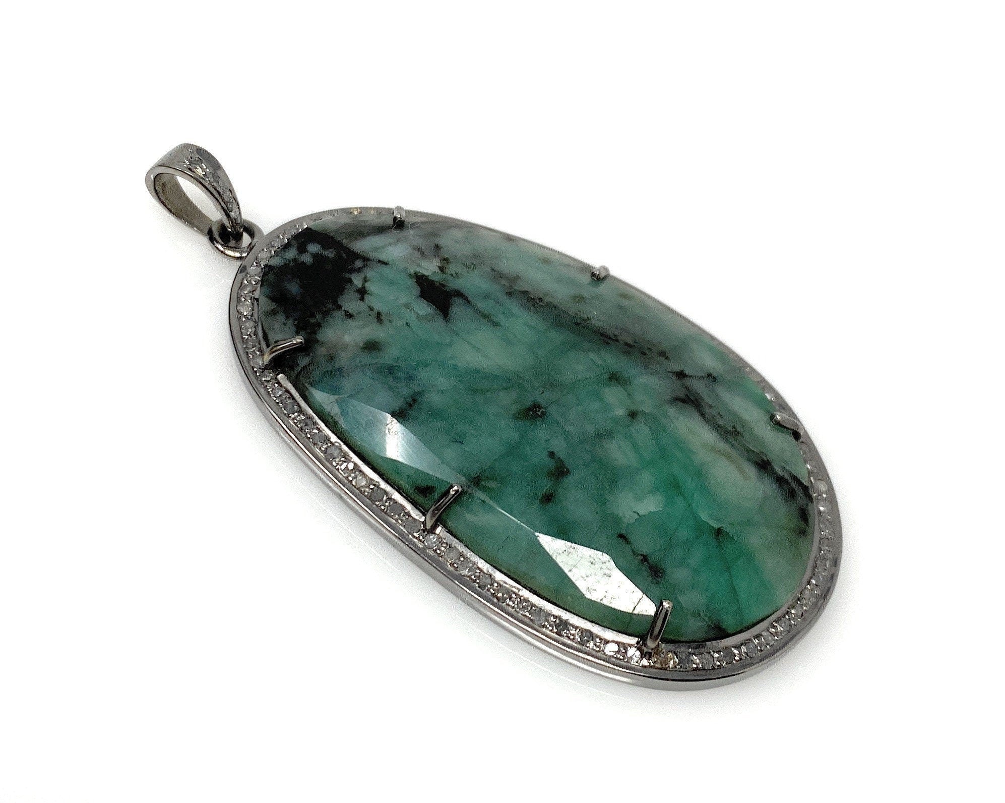 Rare Emerald Diamond Pendant, Natural Emerald Sterling Silver Pendant,