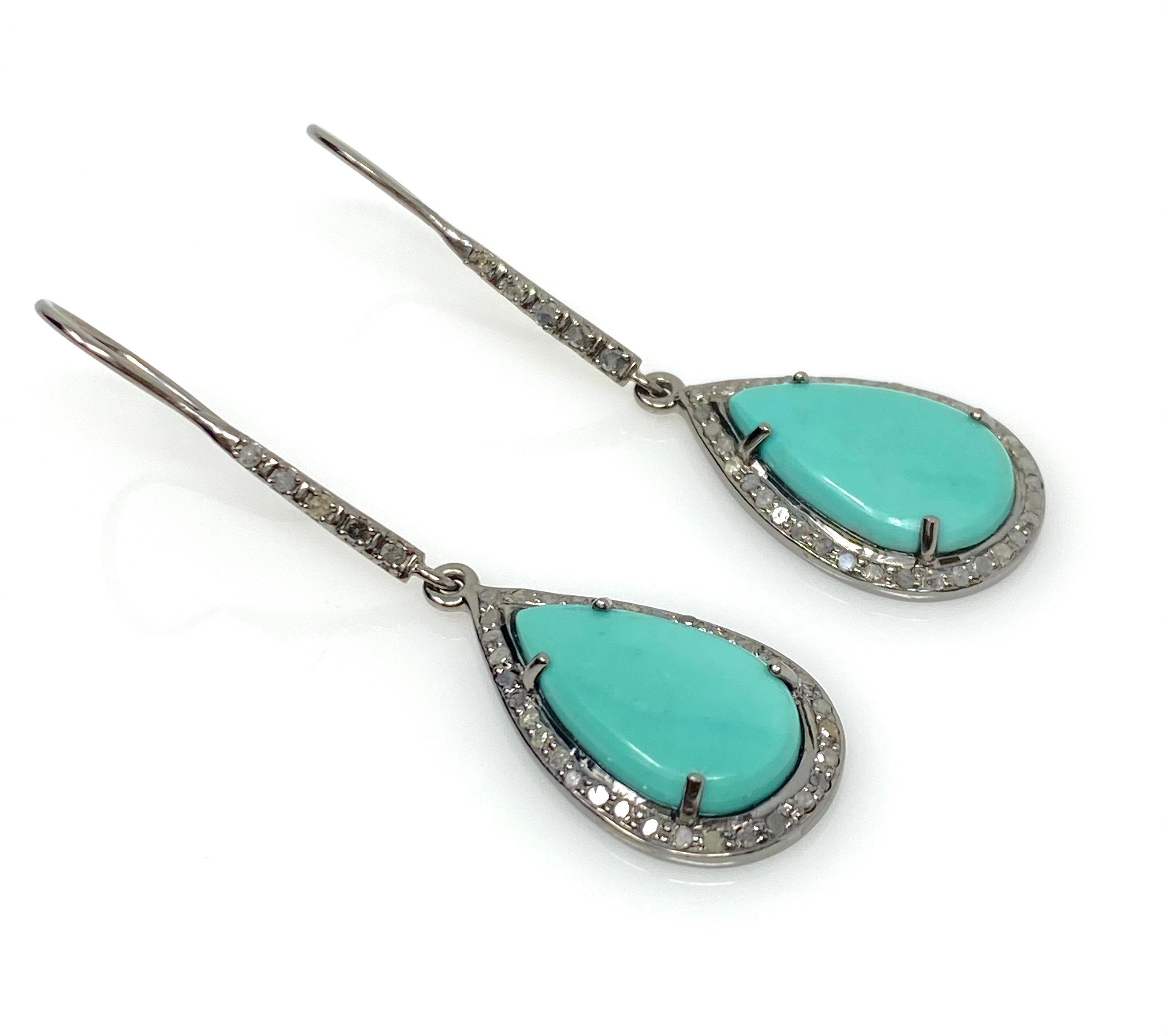 Natural Sleeping Beauty Turquoise Earrings, Pave Diamond Earrings,