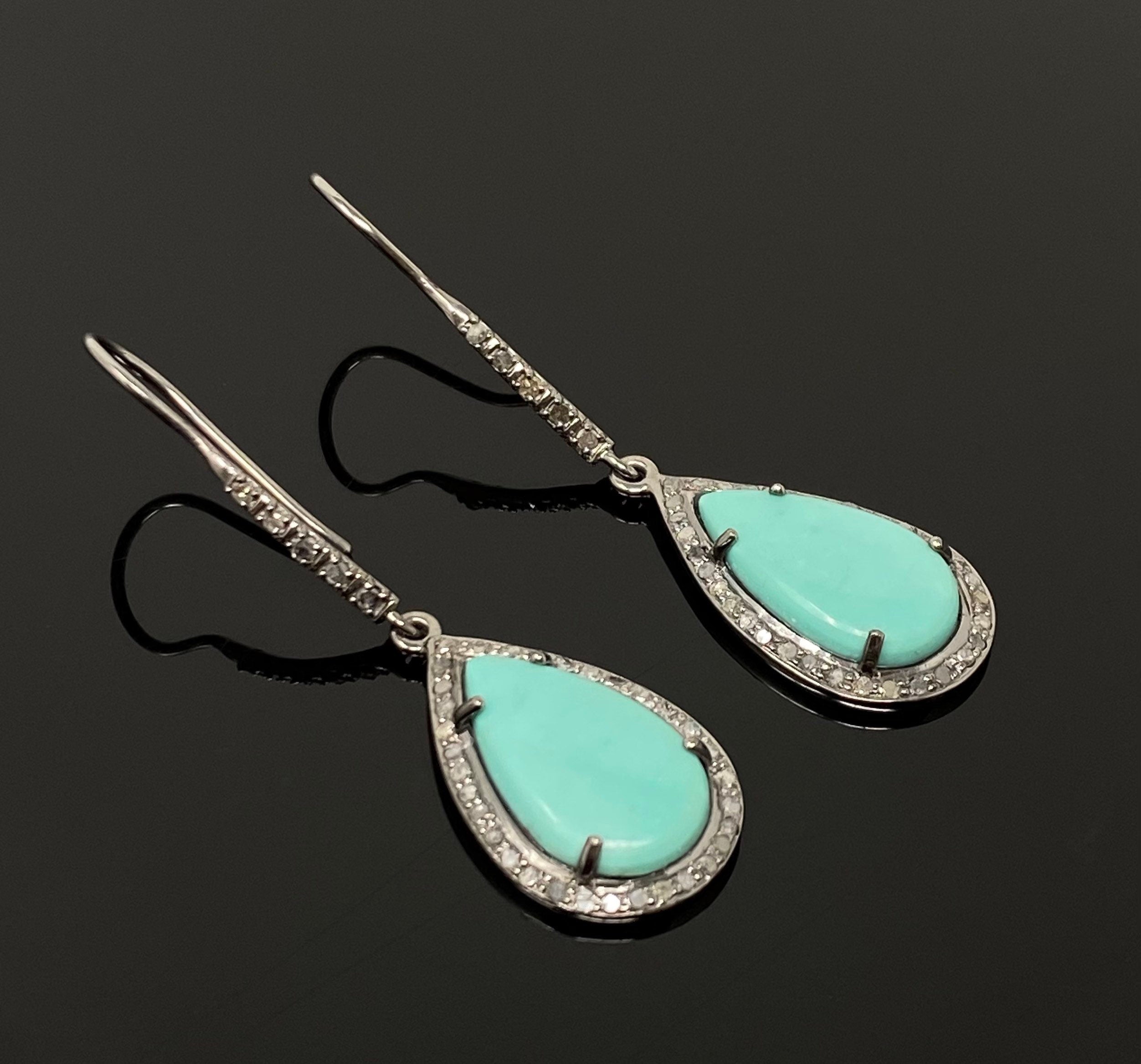 Natural Sleeping Beauty Turquoise Earrings, Pave Diamond Earrings,