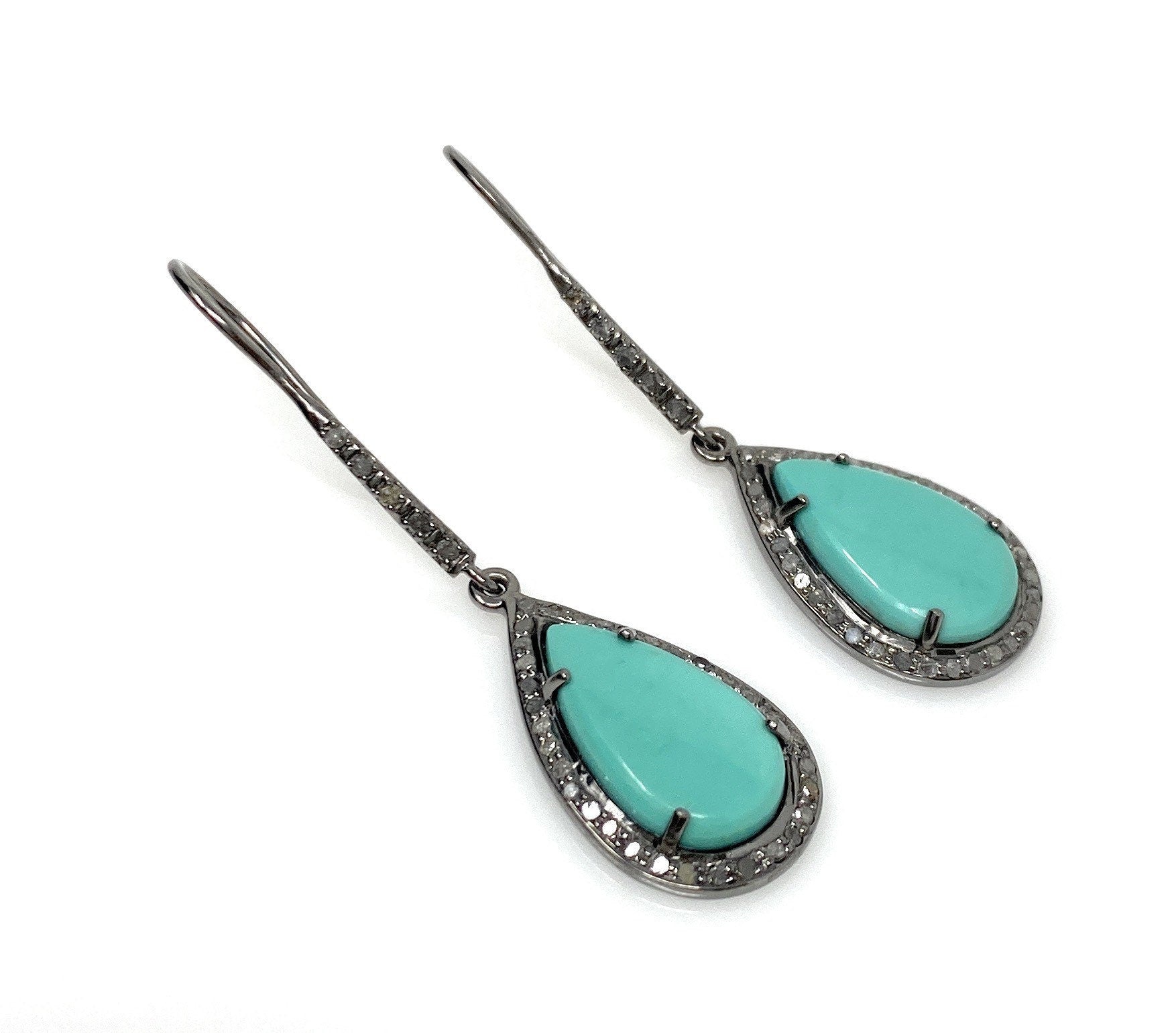 Natural Sleeping Beauty Turquoise Earrings, Pave Diamond Earrings,