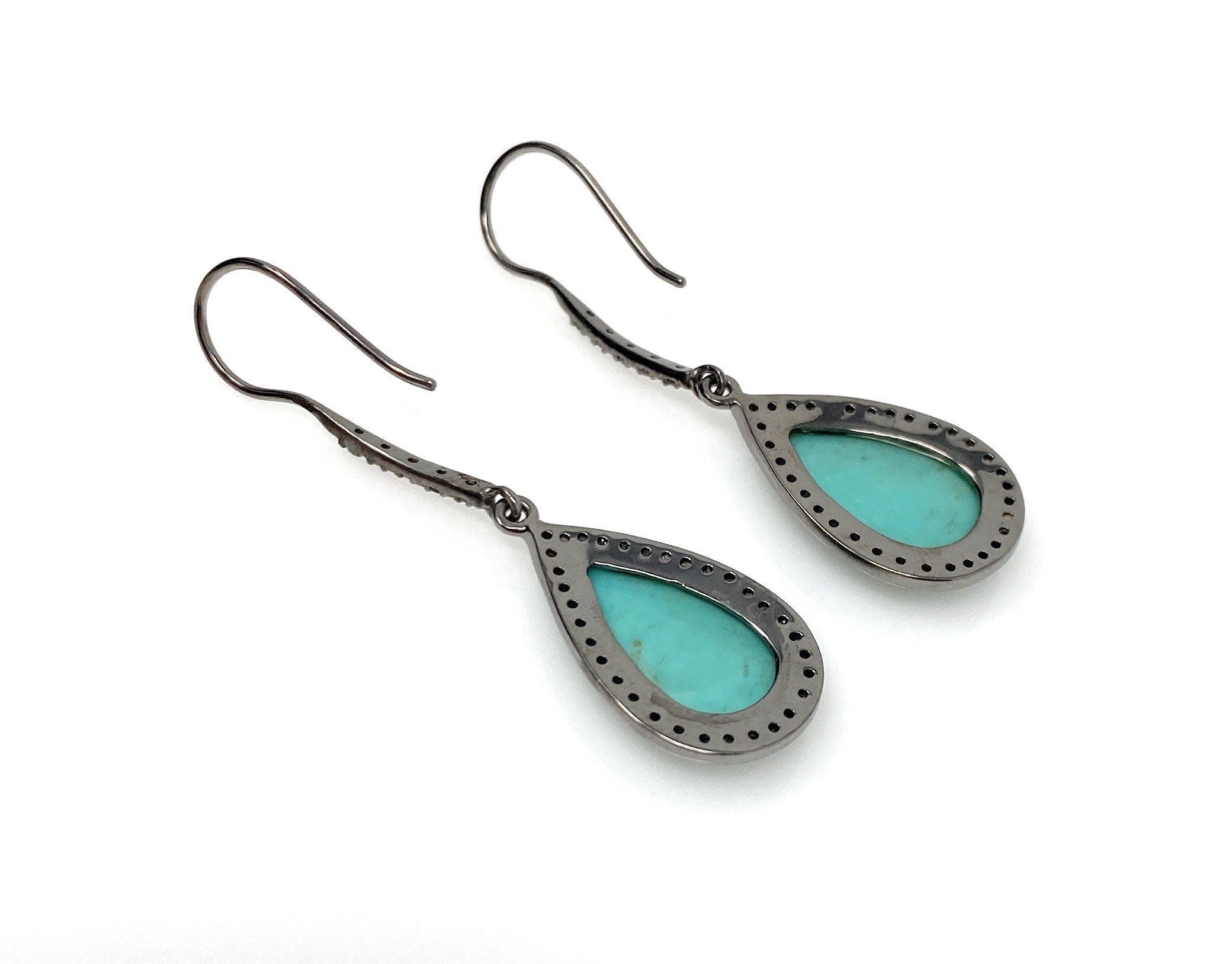 Natural Sleeping Beauty Turquoise Earrings, Pave Diamond Earrings,