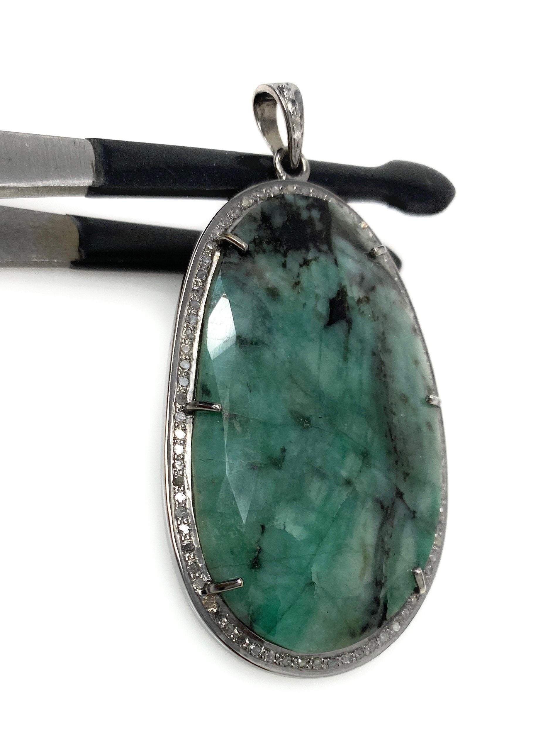 Rare Emerald Diamond Pendant, Natural Emerald Sterling Silver Pendant,