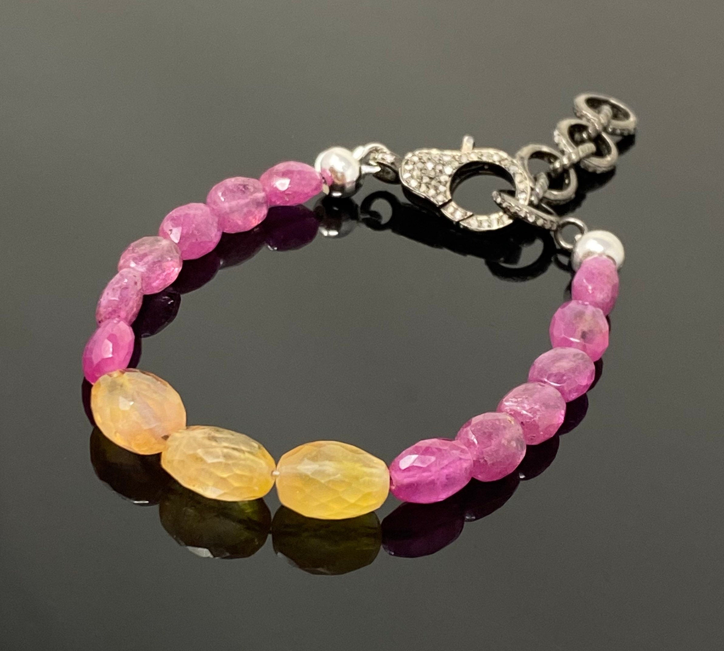 Natural Pink and Yellow Sapphire Gemstone Bracelet, Pave Diamond