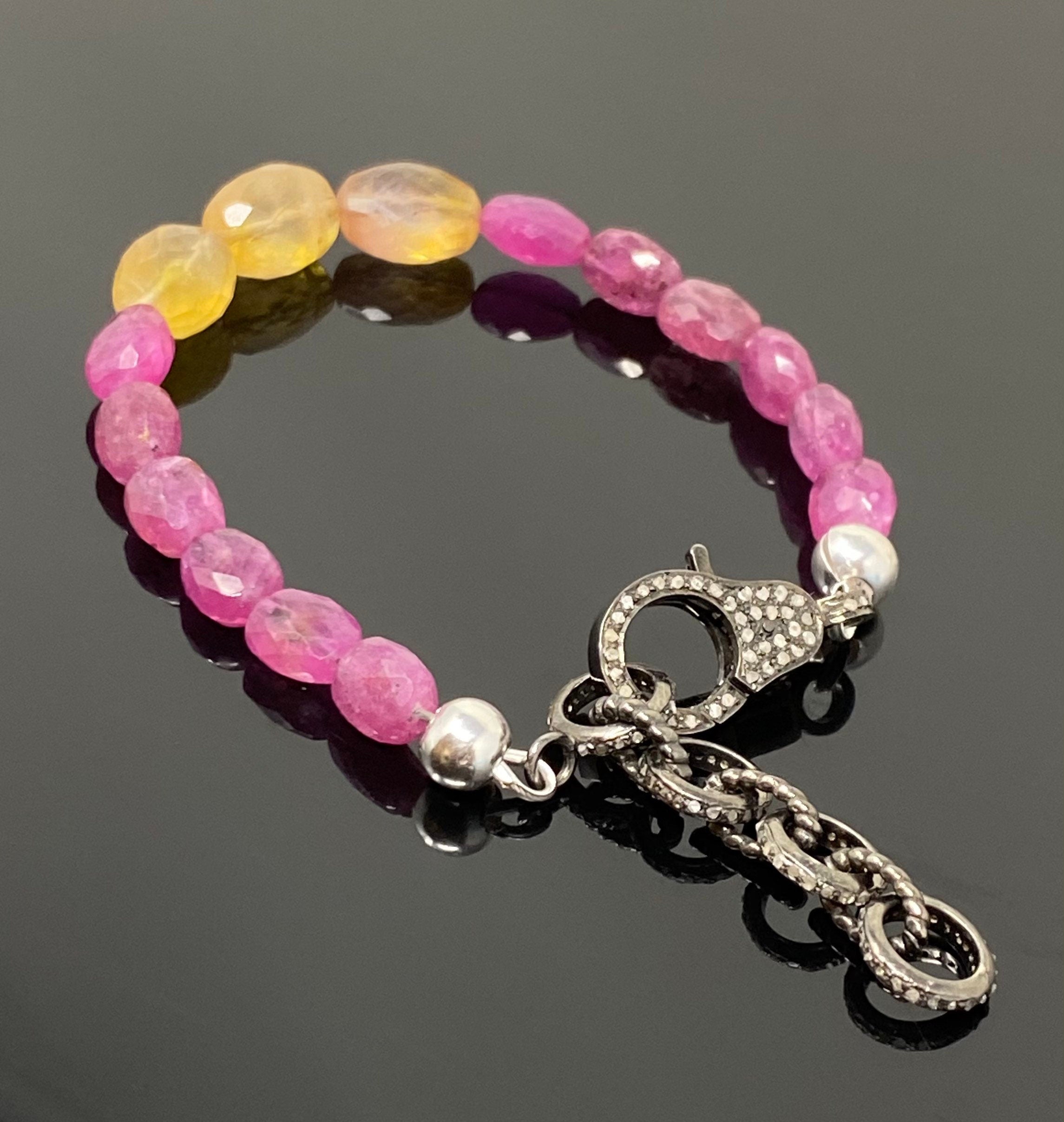 Natural Pink and Yellow Sapphire Gemstone Bracelet, Pave Diamond