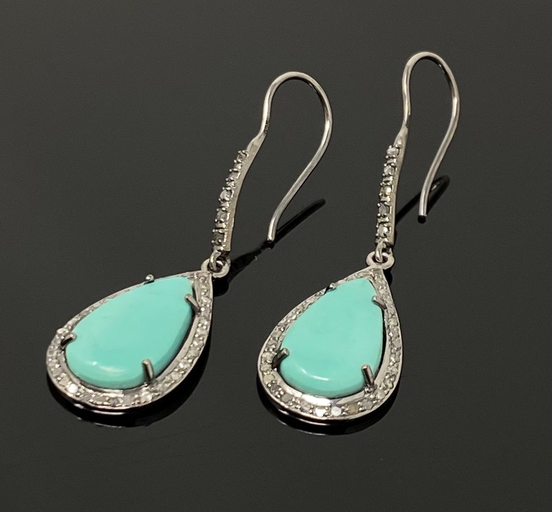 Natural Sleeping Beauty Turquoise Earrings, Pave Diamond Earrings,