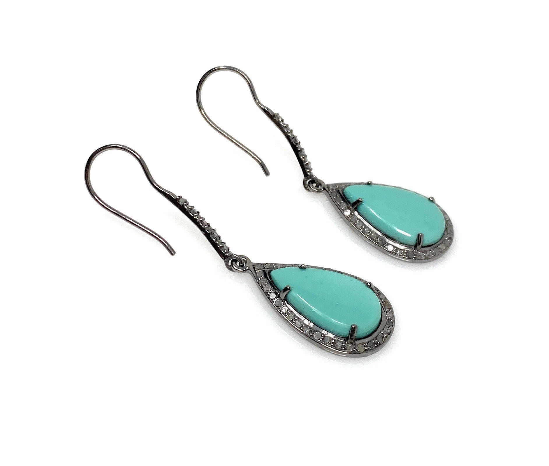 Natural Sleeping Beauty Turquoise Earrings, Pave Diamond Earrings,