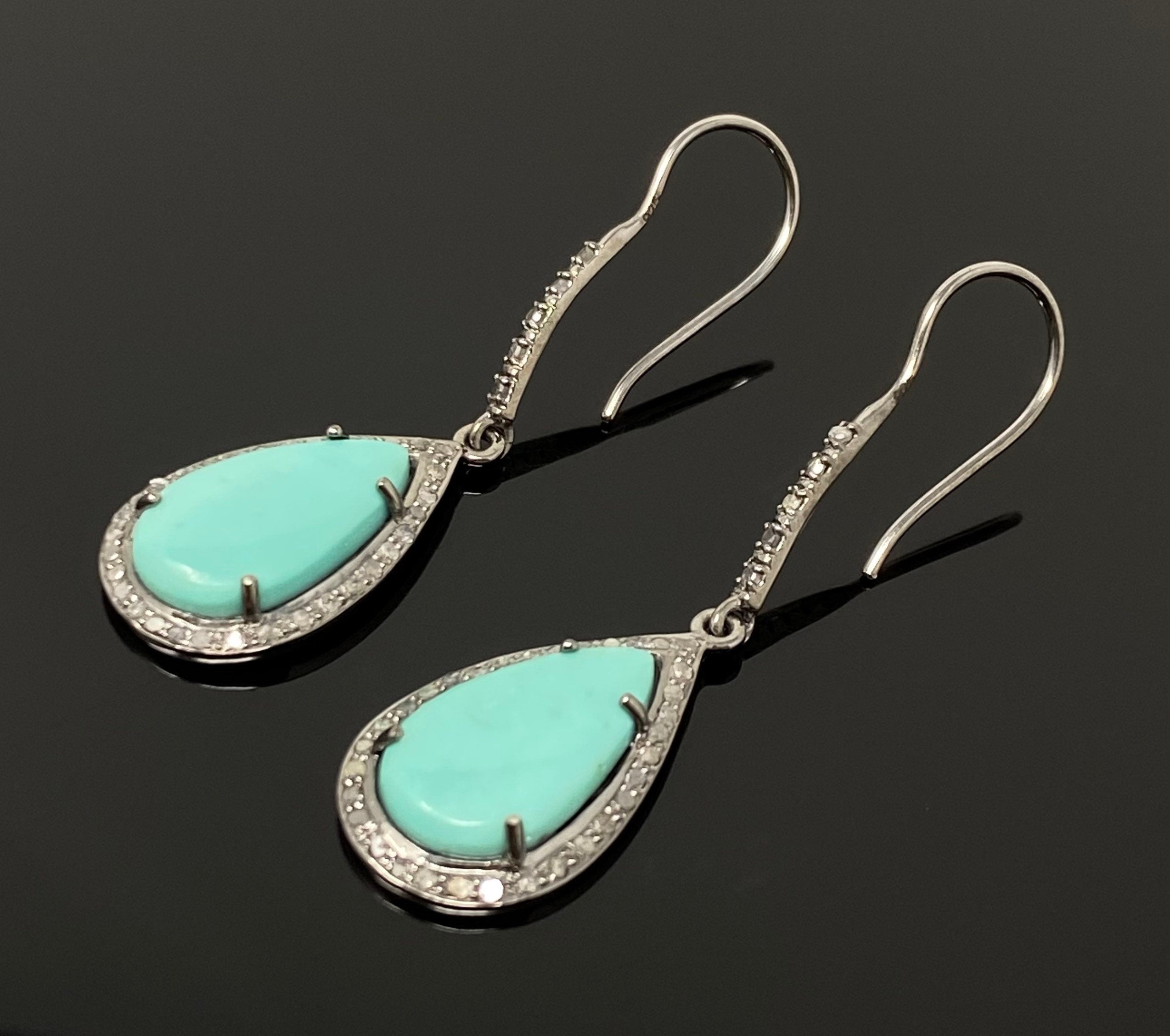 Natural Sleeping Beauty Turquoise Earrings, Pave Diamond Earrings,