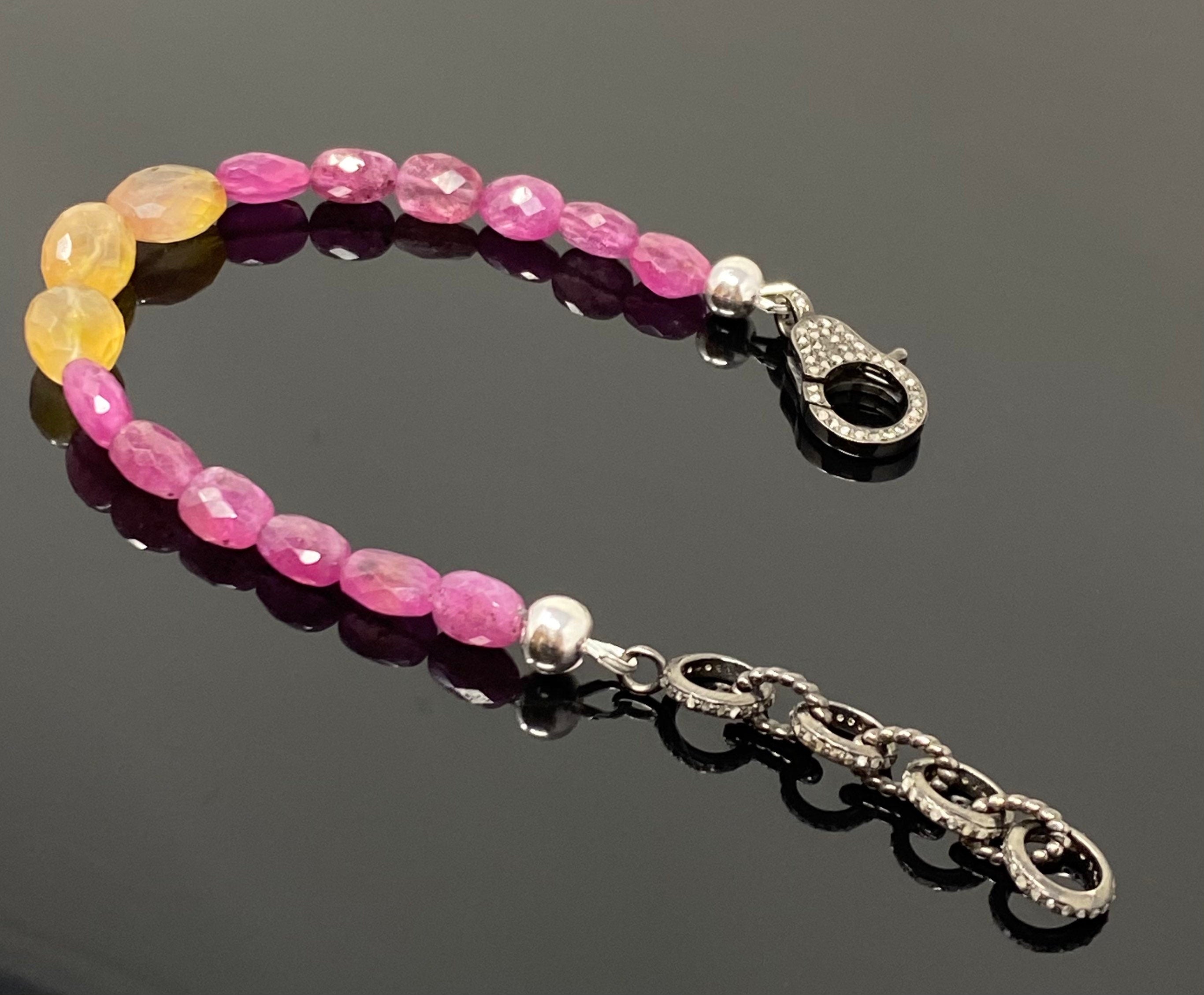 Natural Pink and Yellow Sapphire Gemstone Bracelet, Pave Diamond