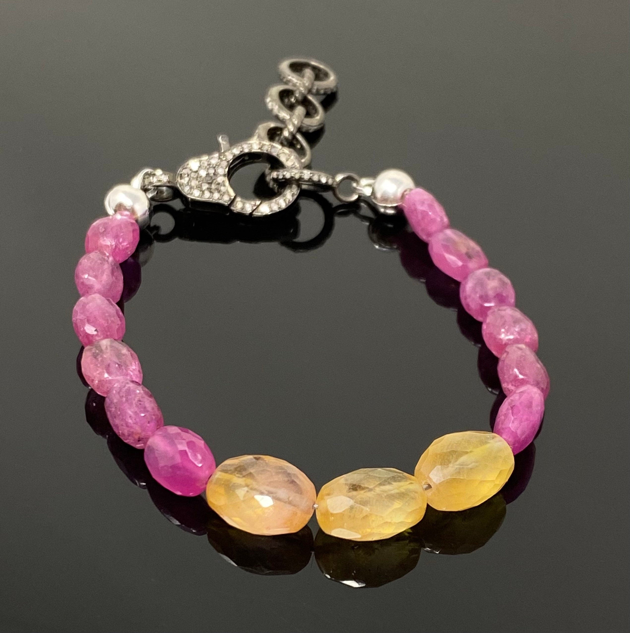 Natural Pink and Yellow Sapphire Gemstone Bracelet, Pave Diamond