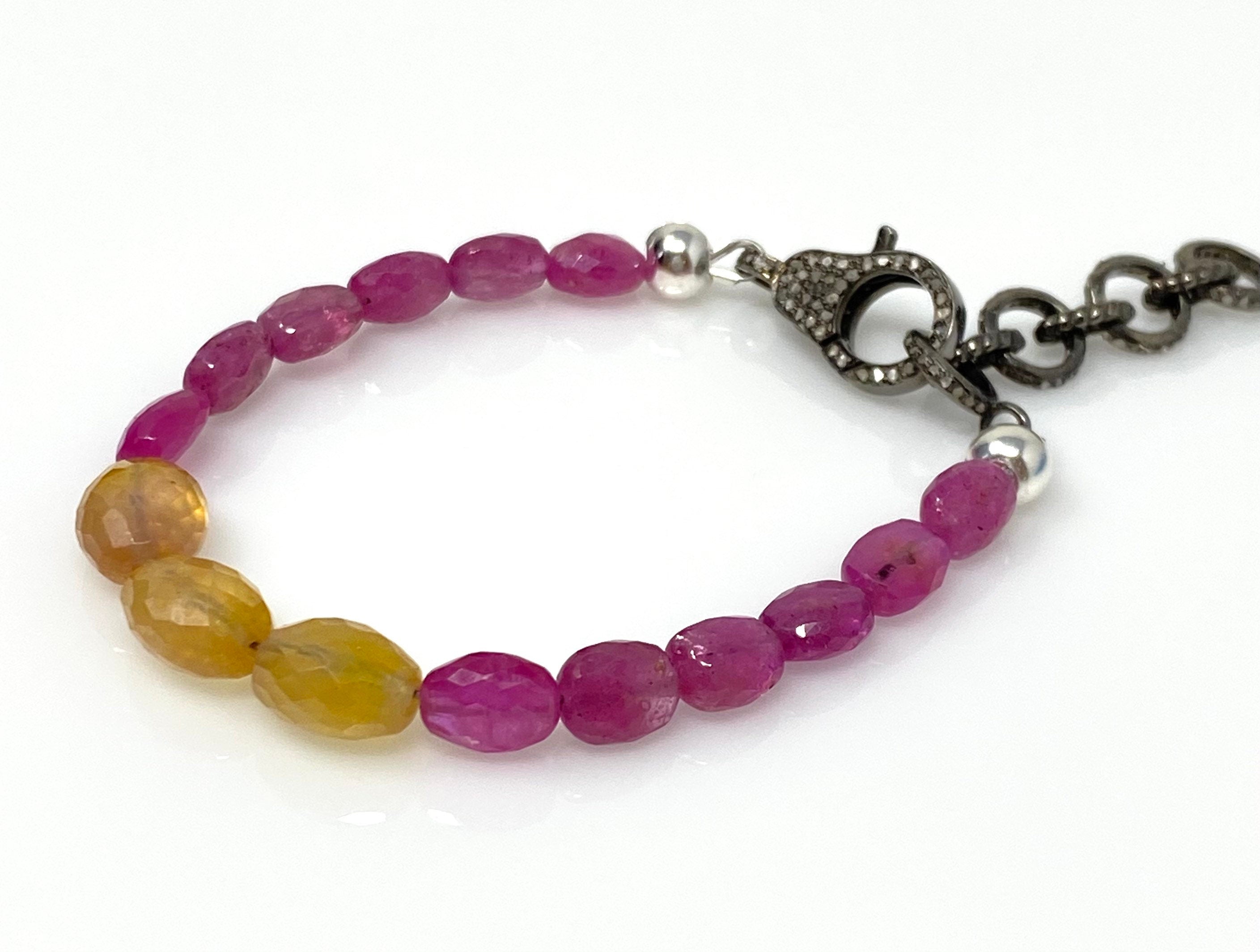 Natural Pink and Yellow Sapphire Gemstone Bracelet, Pave Diamond