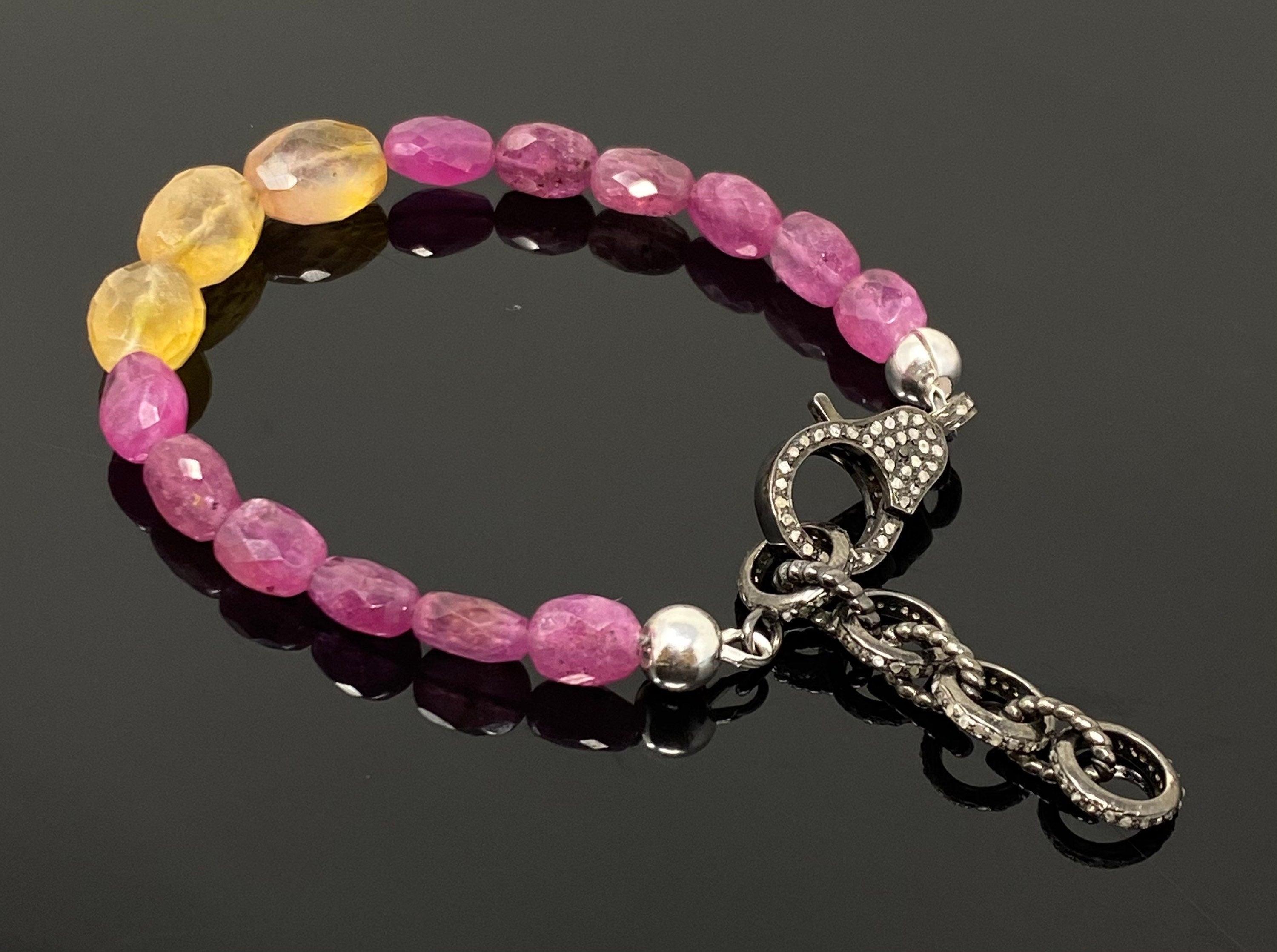 Natural Pink and Yellow Sapphire Gemstone Bracelet, Pave Diamond