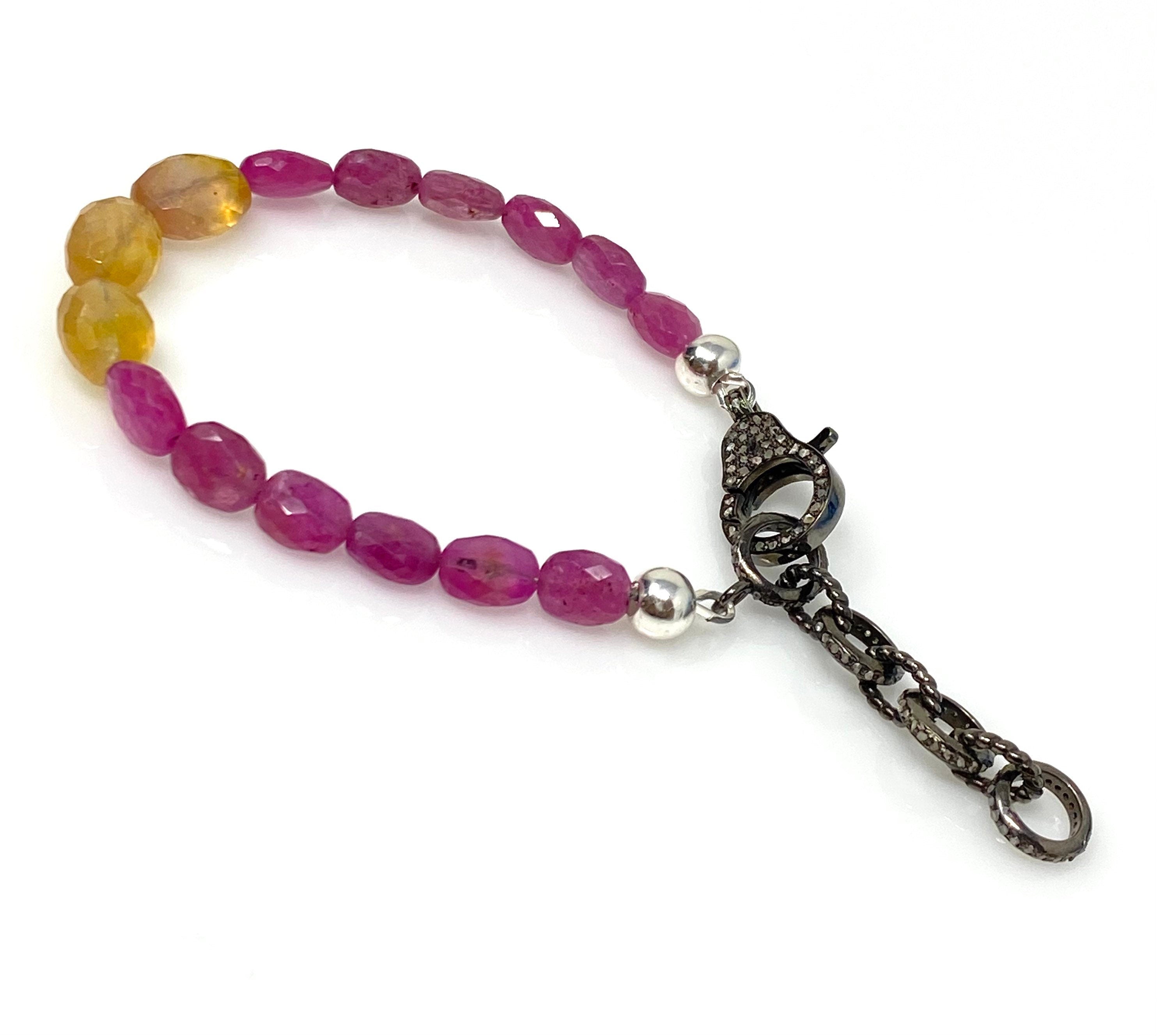 Natural Pink and Yellow Sapphire Gemstone Bracelet, Pave Diamond