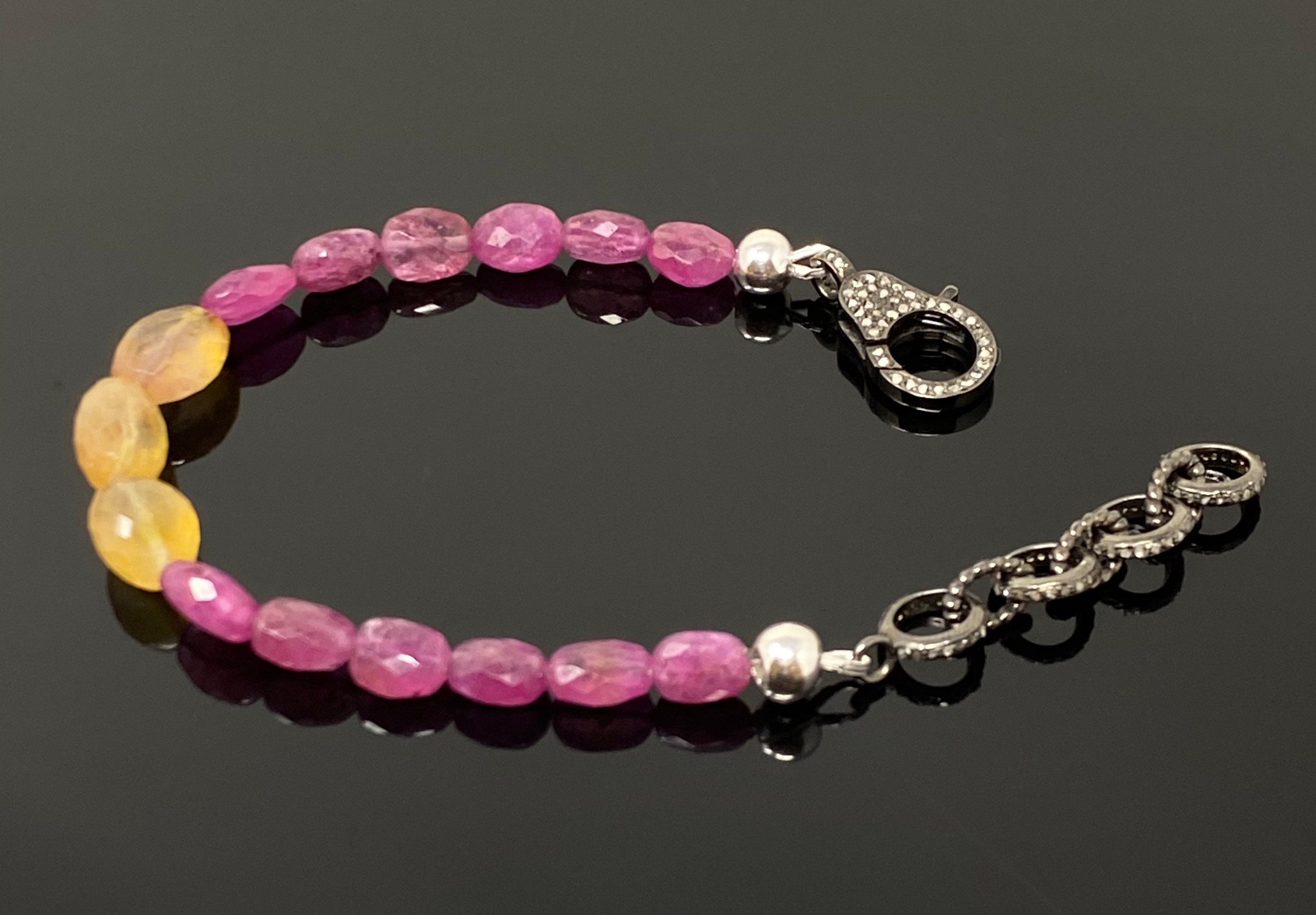 Natural Pink and Yellow Sapphire Gemstone Bracelet, Pave Diamond