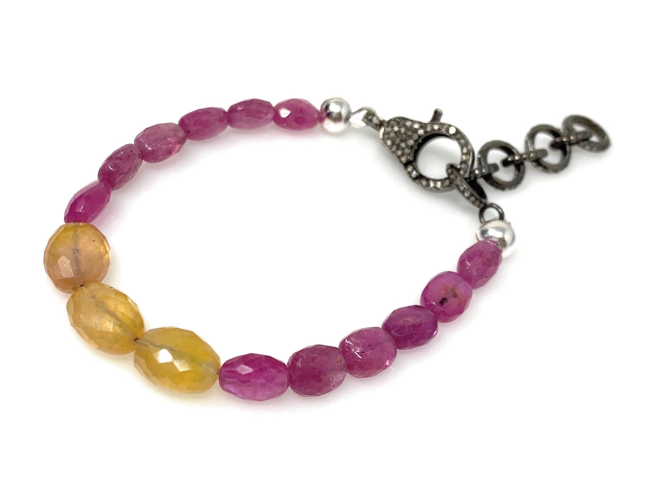 Natural Pink and Yellow Sapphire Gemstone Bracelet, Pave Diamond