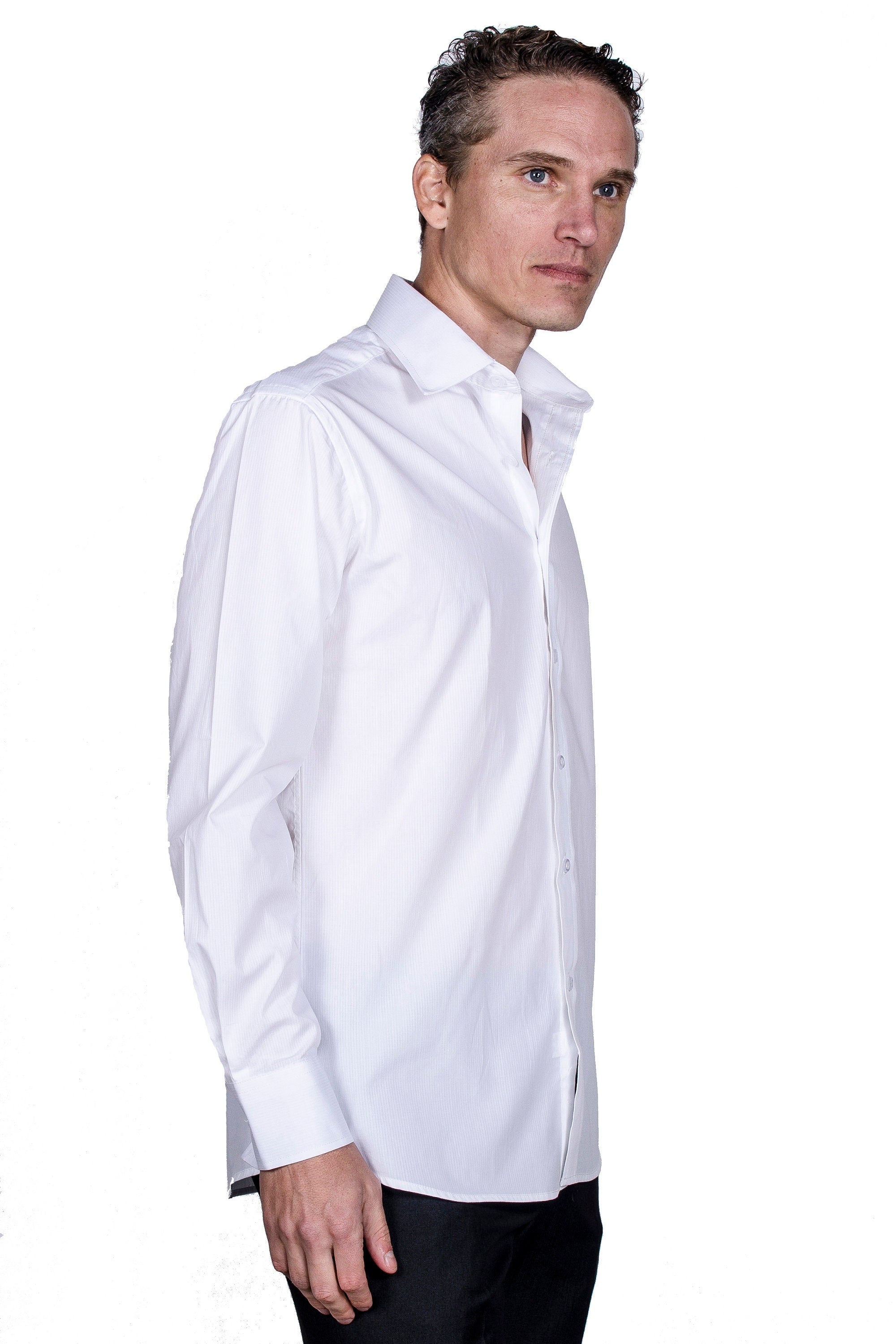 Men's White Cotton Slim Fit Dress Shirt with Collar Cover