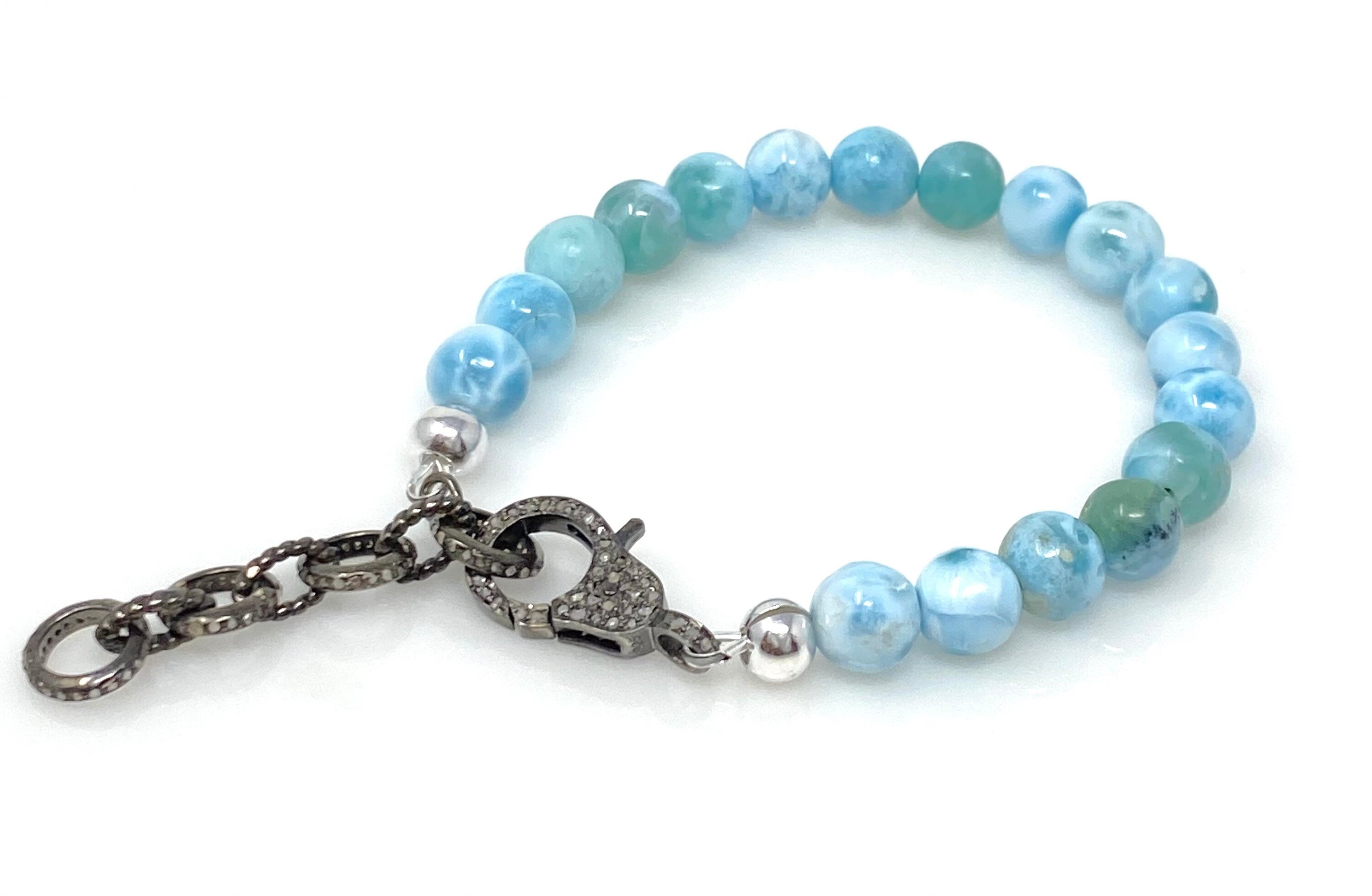 Genuine Larimar Gemstone Bracelet, Pave Diamond Adjustable Bracelet,