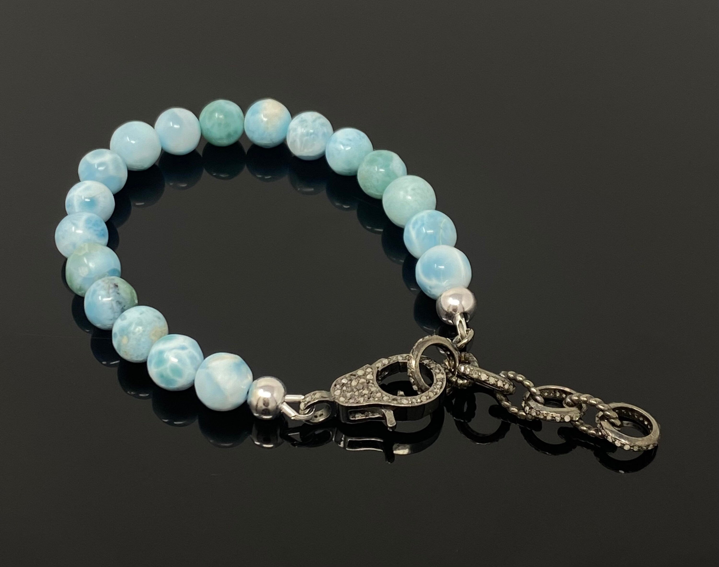 Genuine Larimar Gemstone Bracelet, Pave Diamond Adjustable Bracelet,