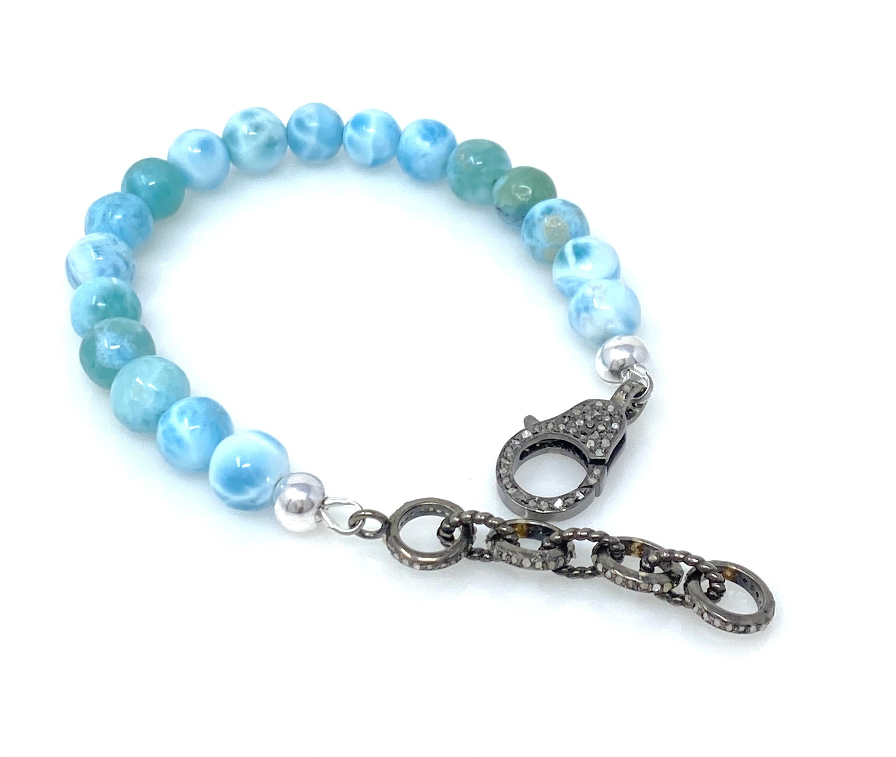 Genuine Larimar Gemstone Bracelet, Pave Diamond Adjustable Bracelet,