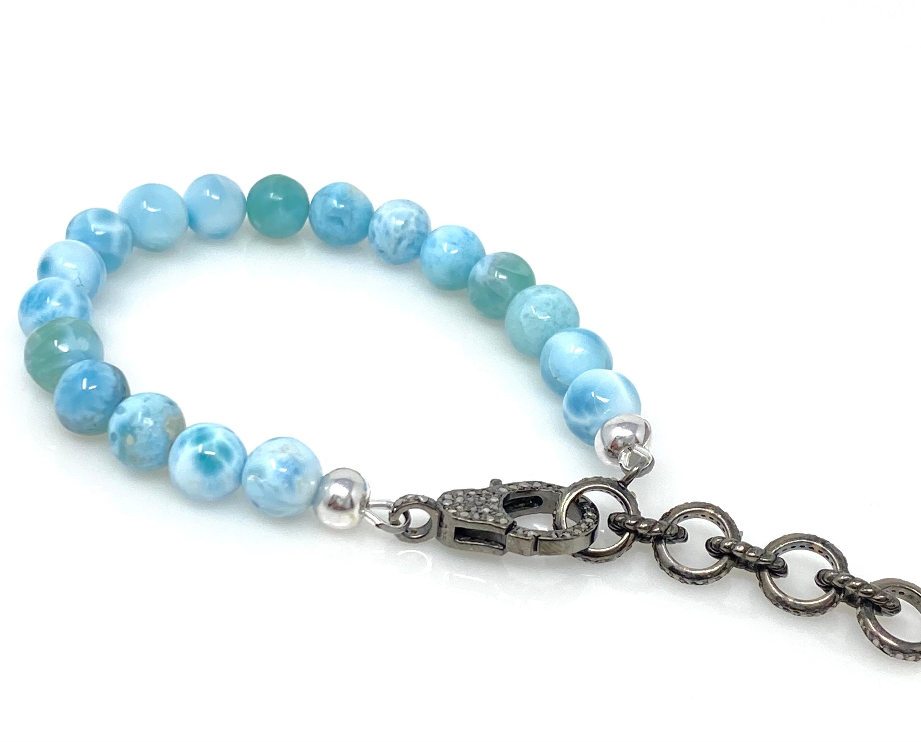 Genuine Larimar Gemstone Bracelet, Pave Diamond Adjustable Bracelet,