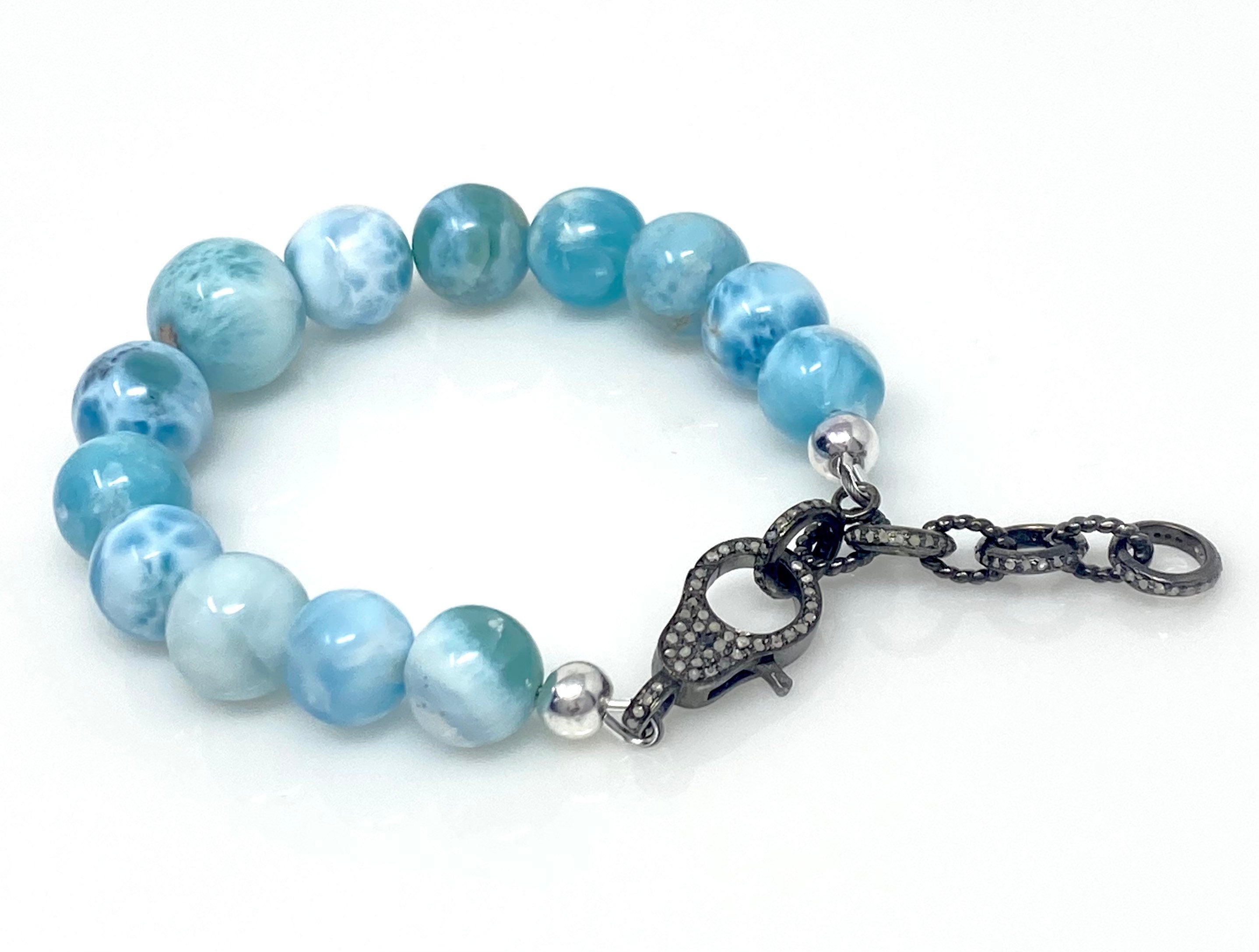 Rare Genuine Larimar Gemstone Bracelet, Pave Diamond Adjustable