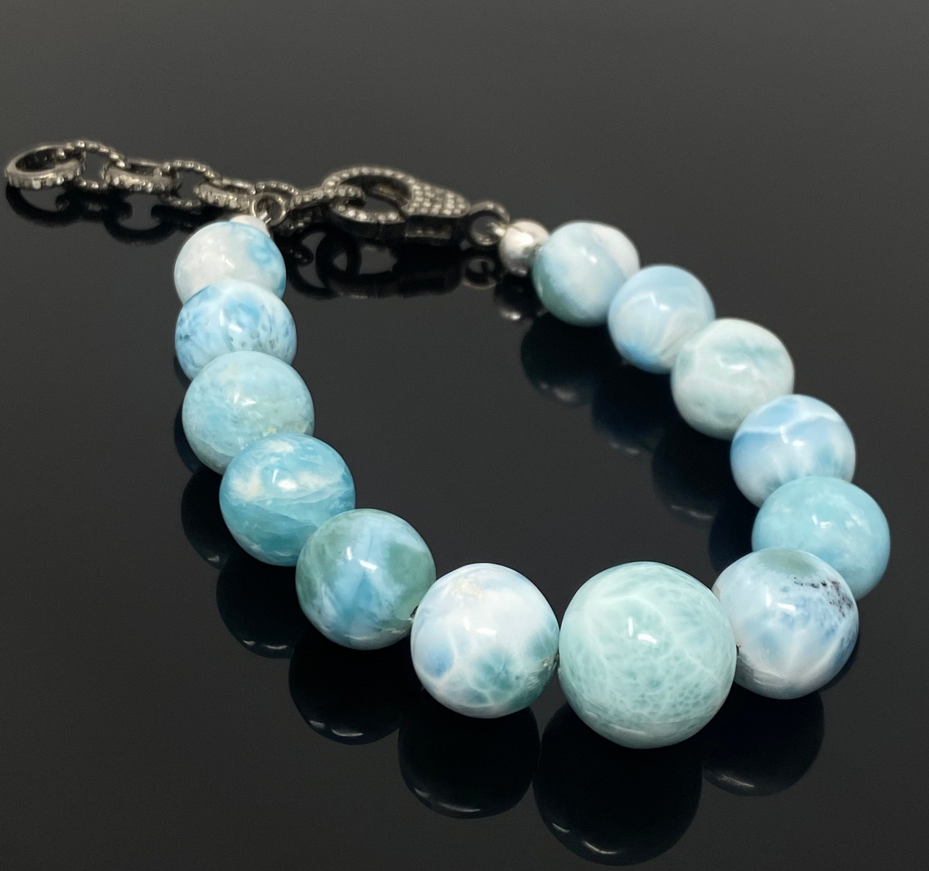 Rare Genuine Larimar Gemstone Bracelet, Pave Diamond Adjustable