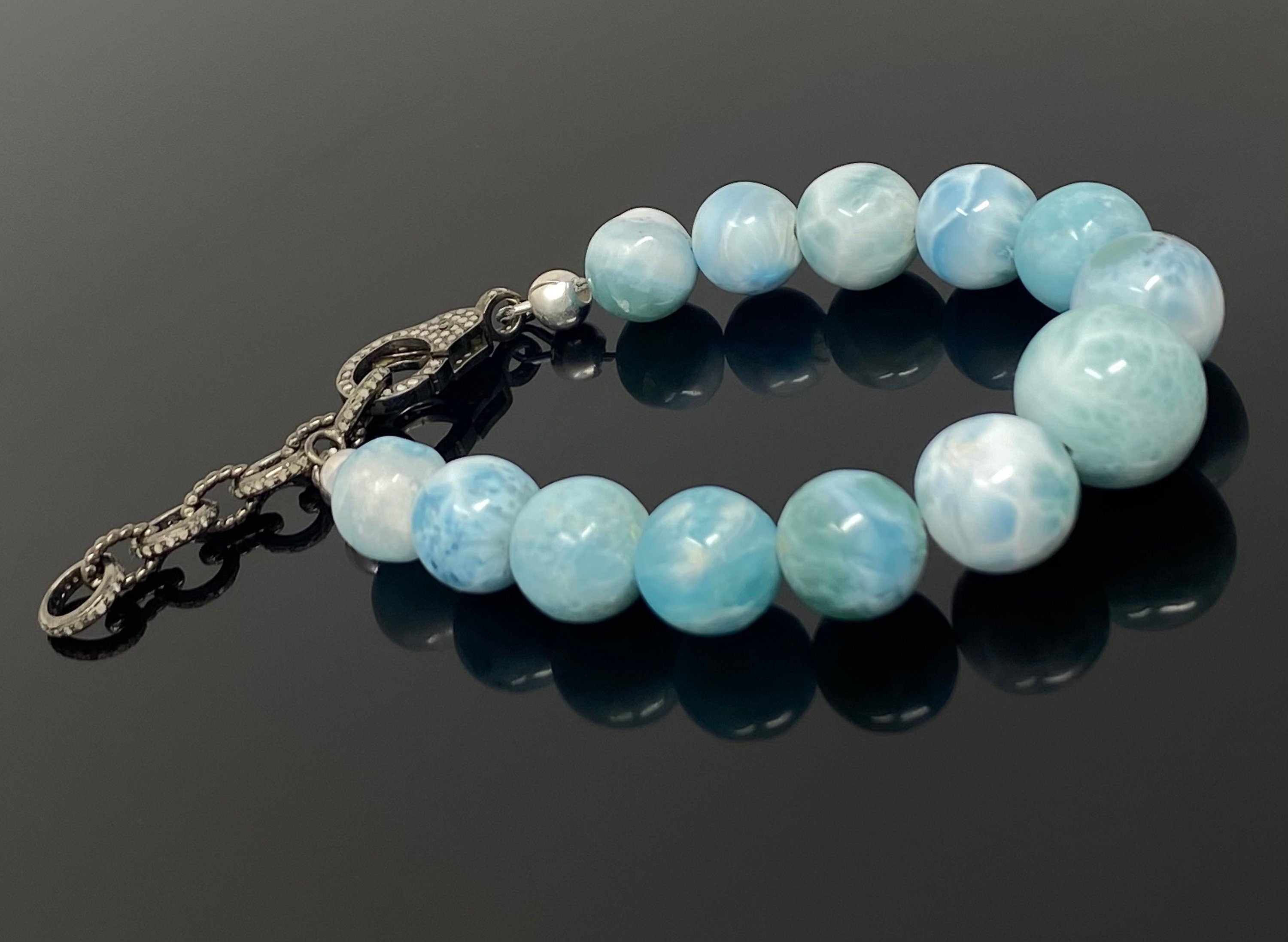 Rare Genuine Larimar Gemstone Bracelet, Pave Diamond Adjustable