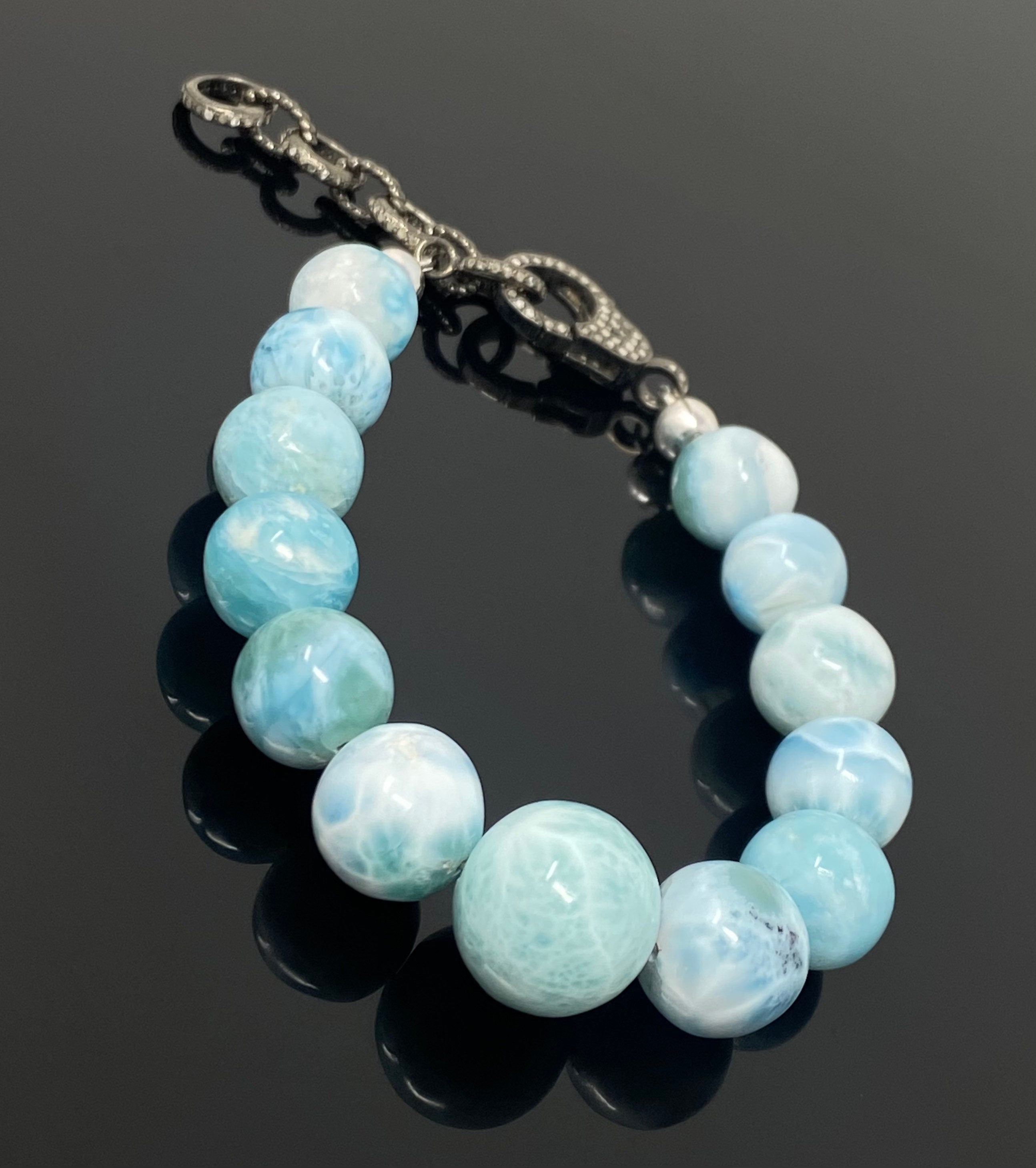 Rare Genuine Larimar Gemstone Bracelet, Pave Diamond Adjustable