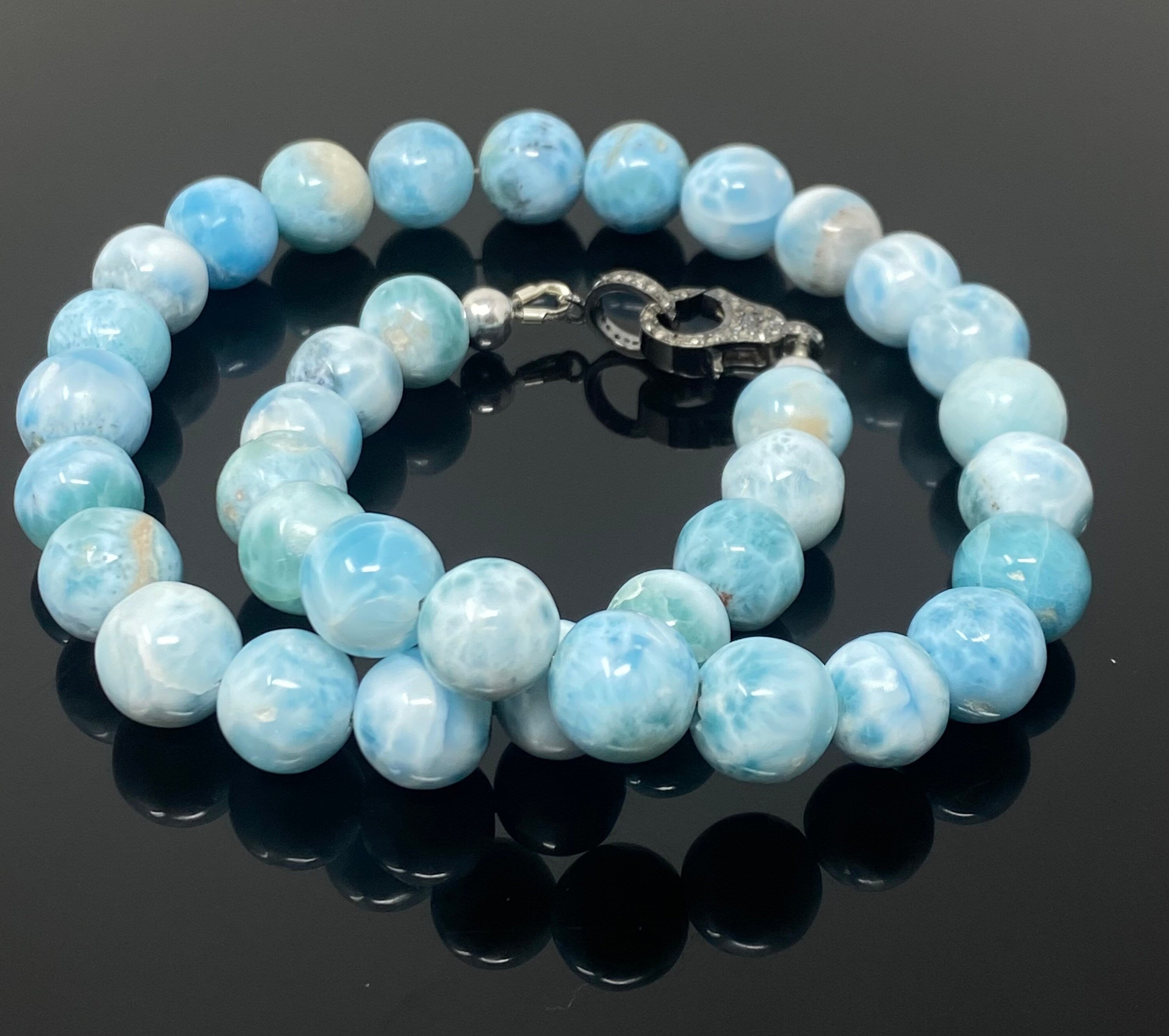 10.5mm -11.5mm Rare Larimar Gemstone Necklace, Bohemian Jewelry,