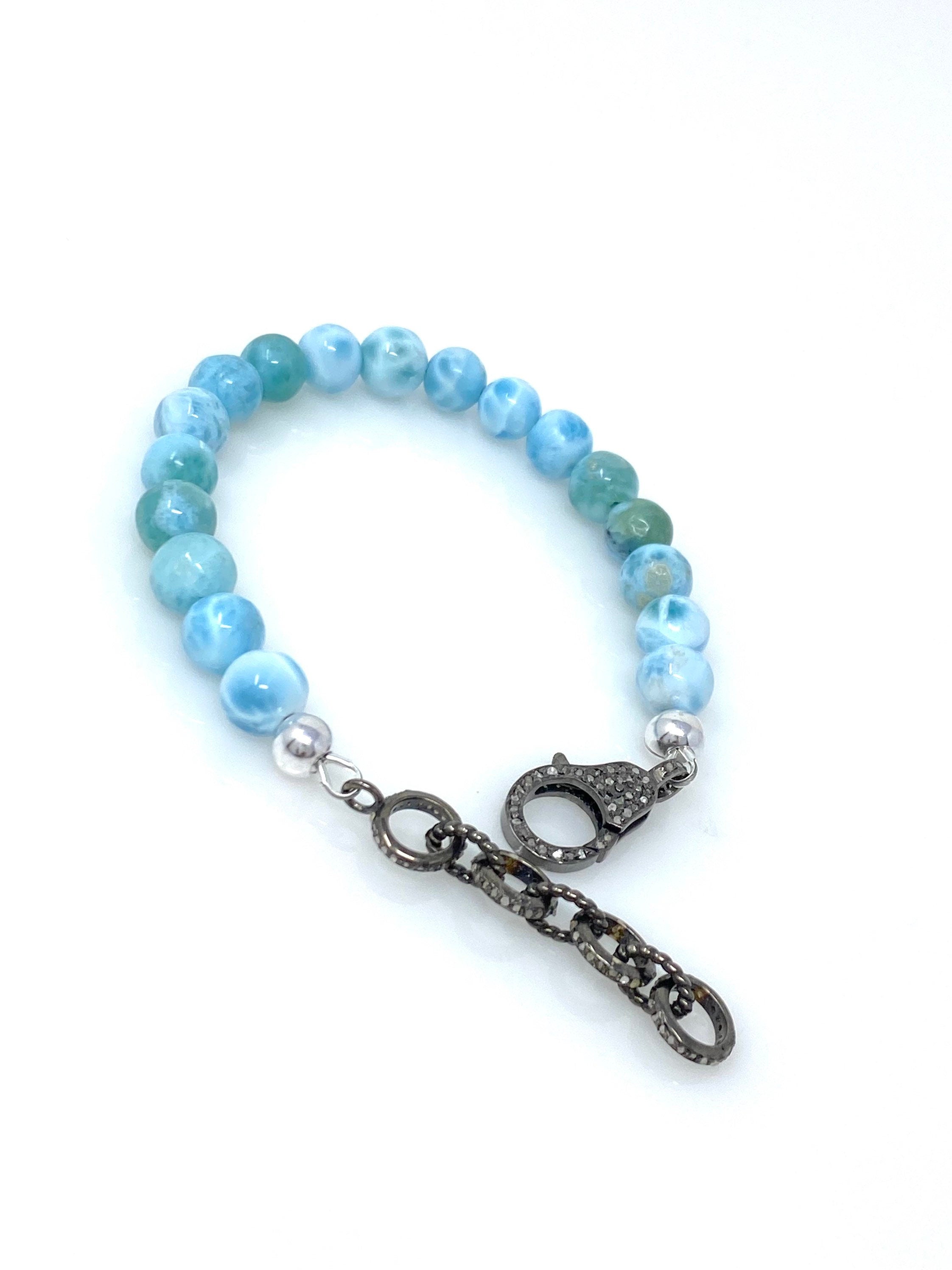 Genuine Larimar Gemstone Bracelet, Pave Diamond Adjustable Bracelet,