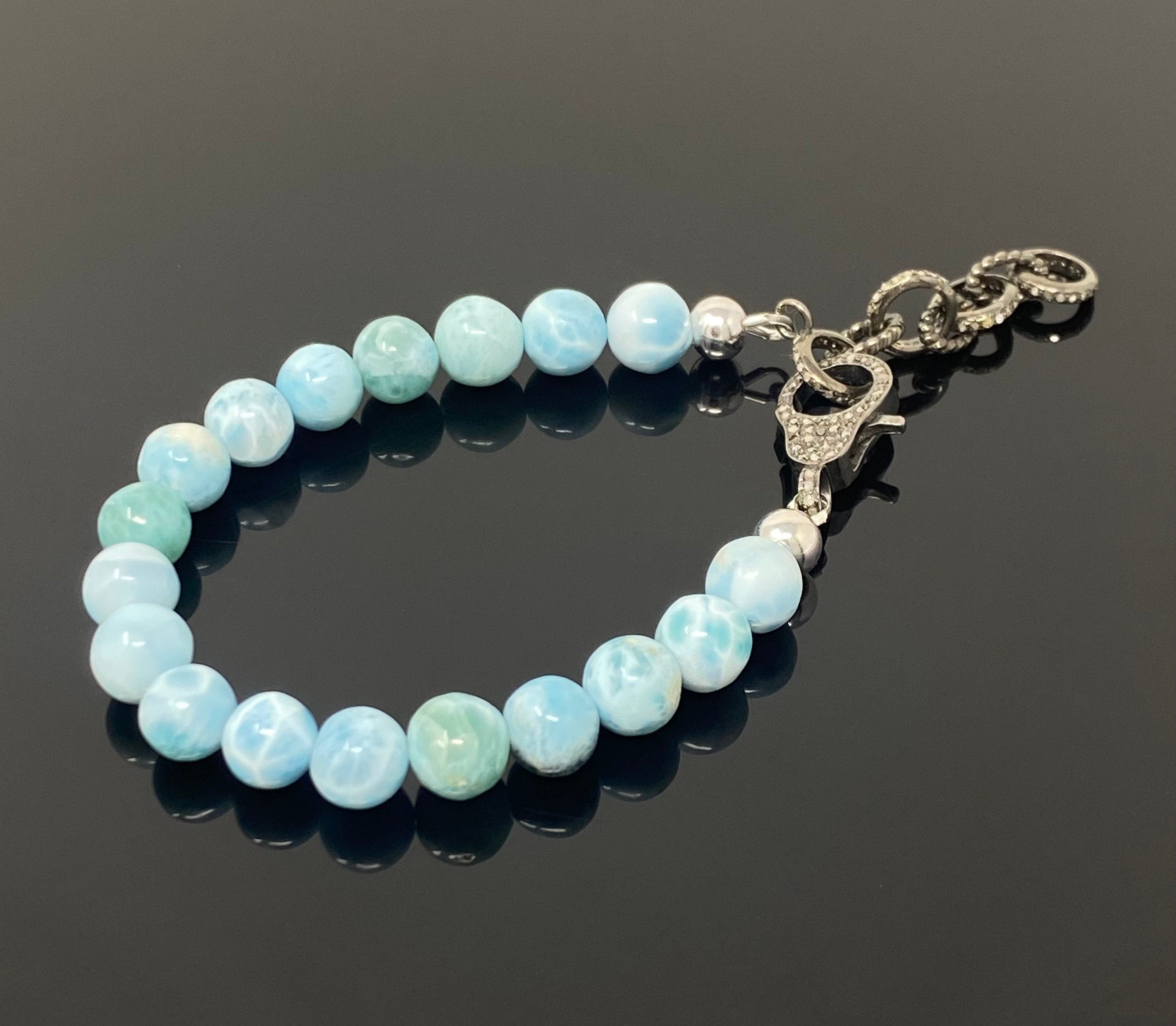 Genuine Larimar Gemstone Bracelet, Pave Diamond Adjustable Bracelet,