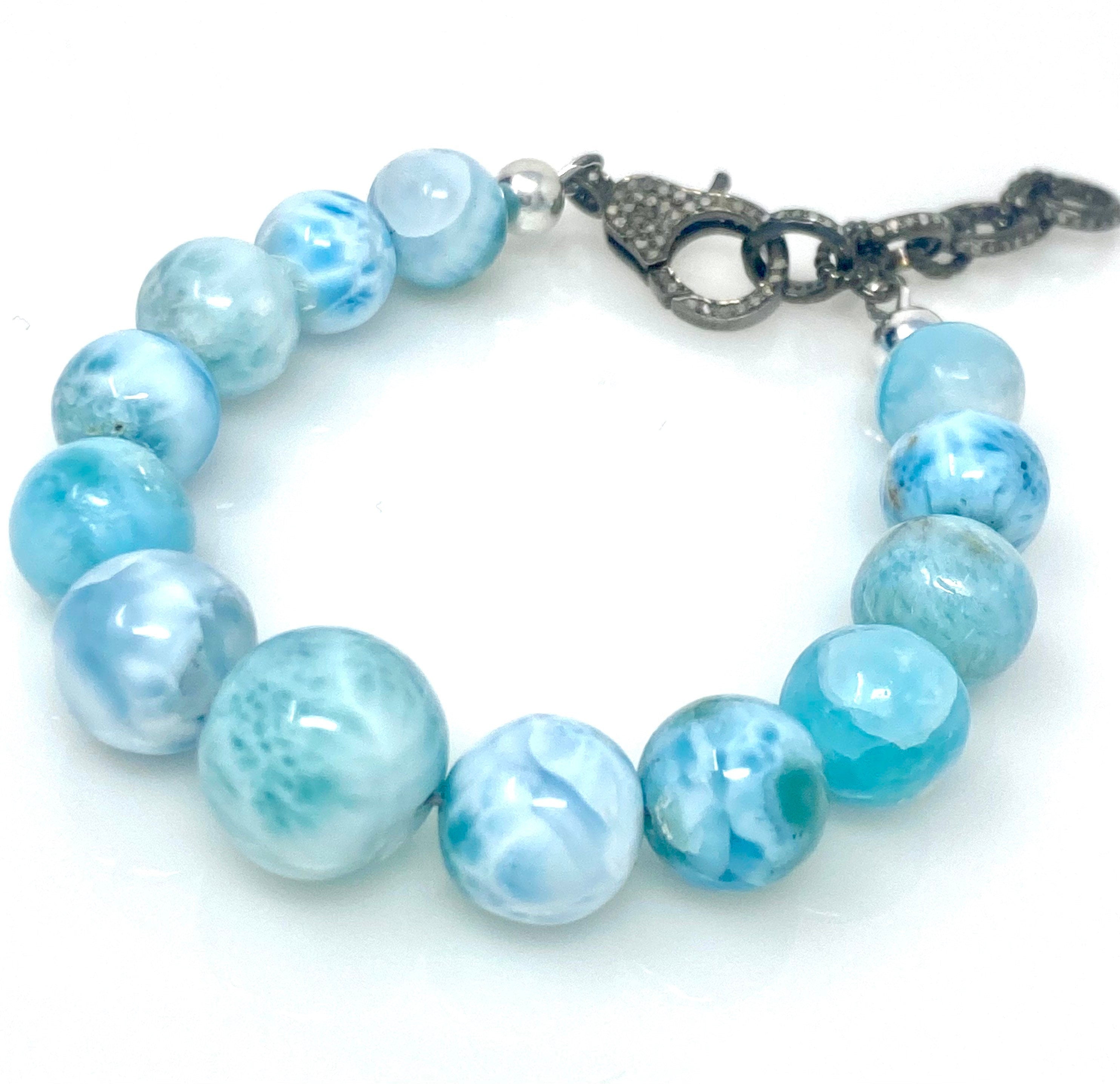 Rare Genuine Larimar Gemstone Bracelet, Pave Diamond Adjustable