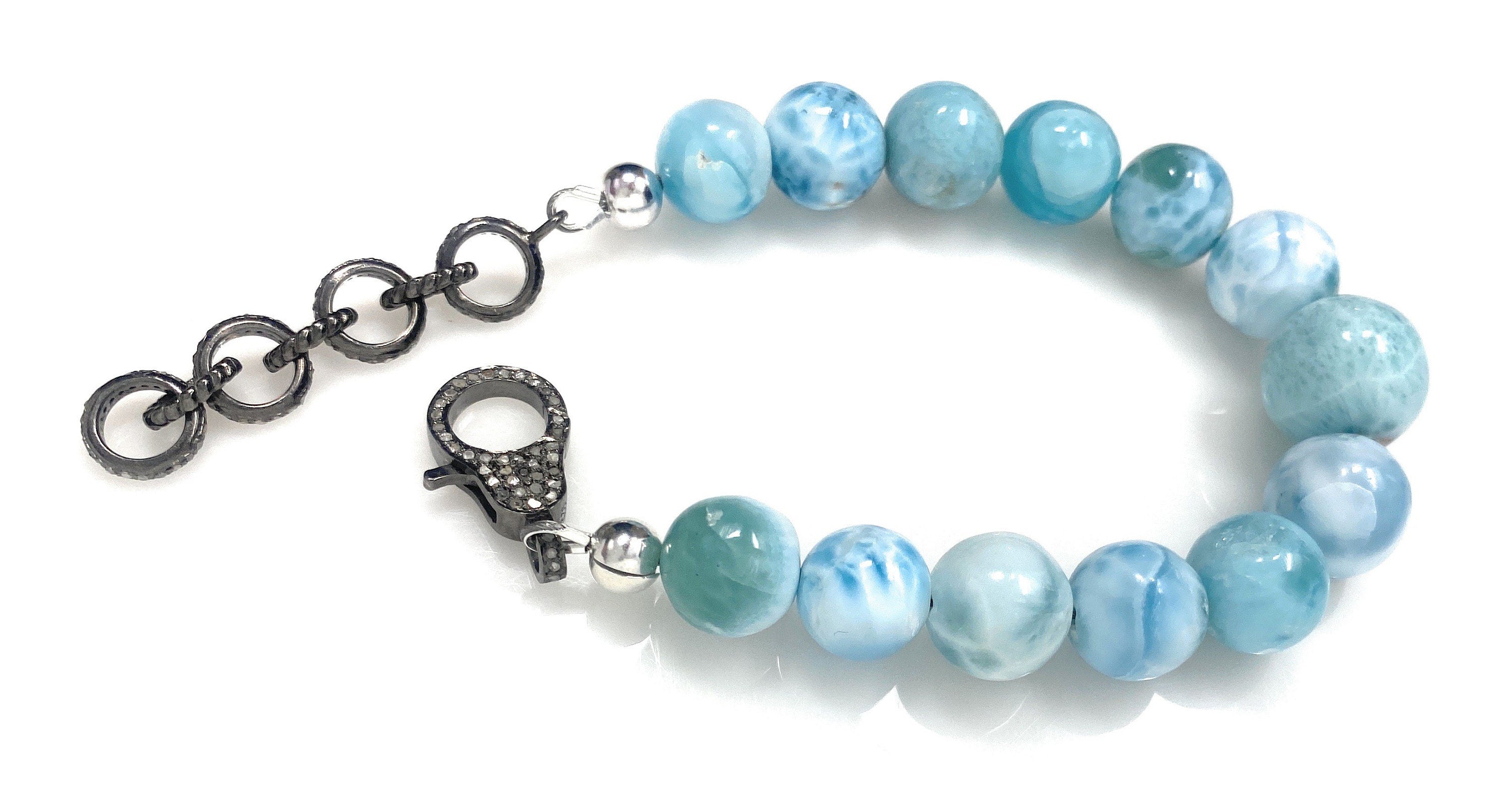 Rare Genuine Larimar Gemstone Bracelet, Pave Diamond Adjustable