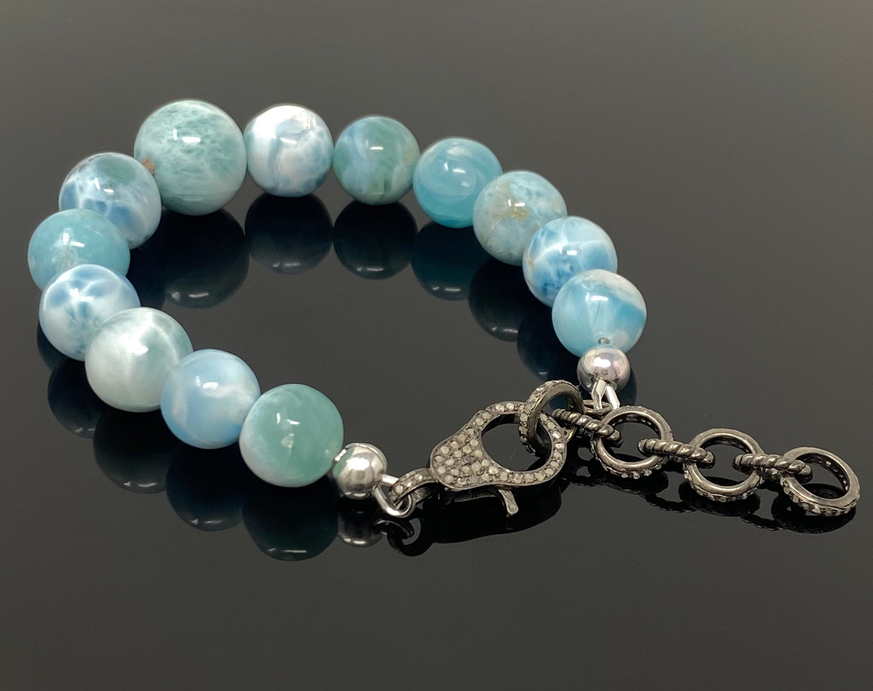 Rare Genuine Larimar Gemstone Bracelet, Pave Diamond Adjustable