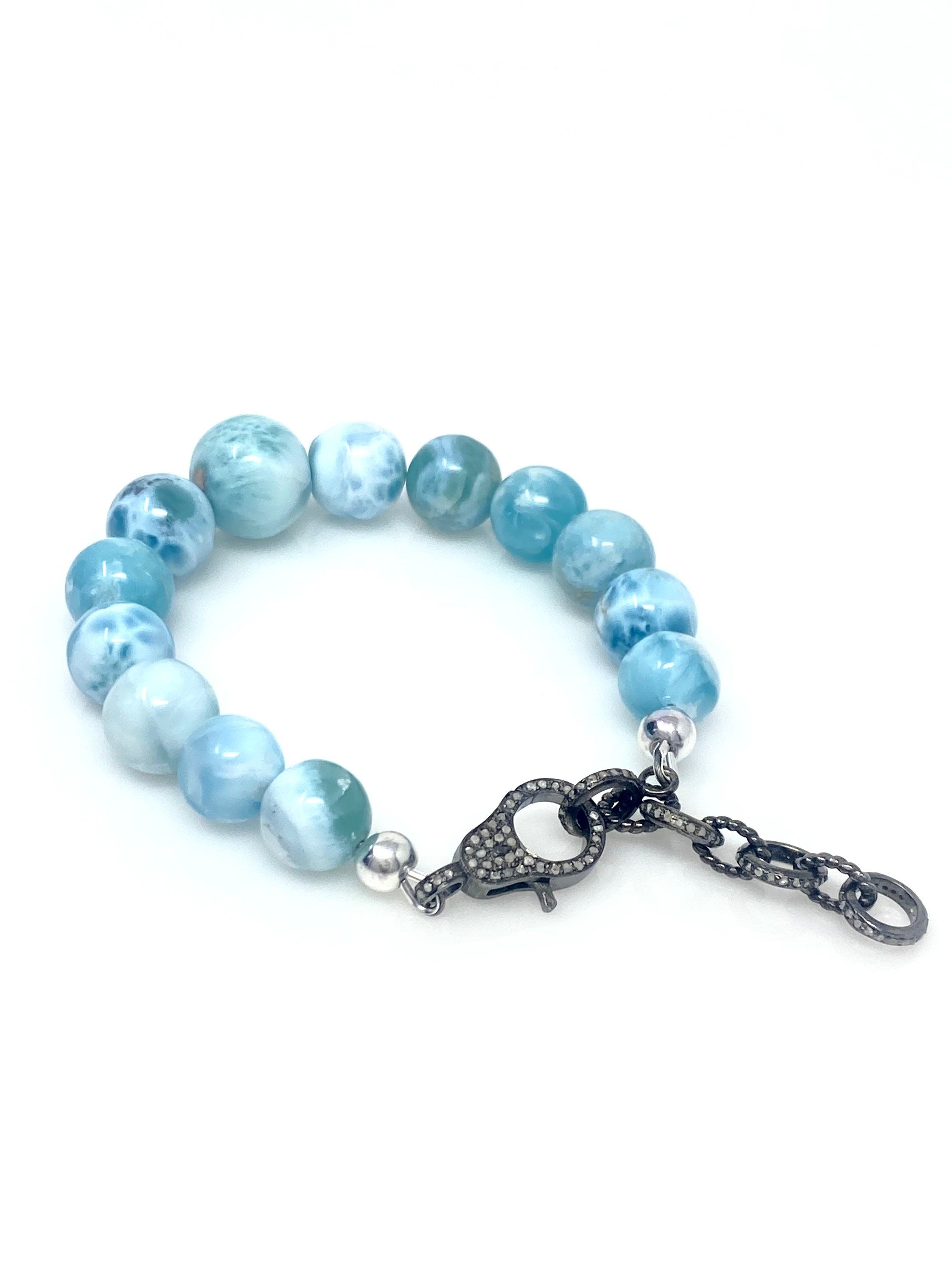 Rare Genuine Larimar Gemstone Bracelet, Pave Diamond Adjustable