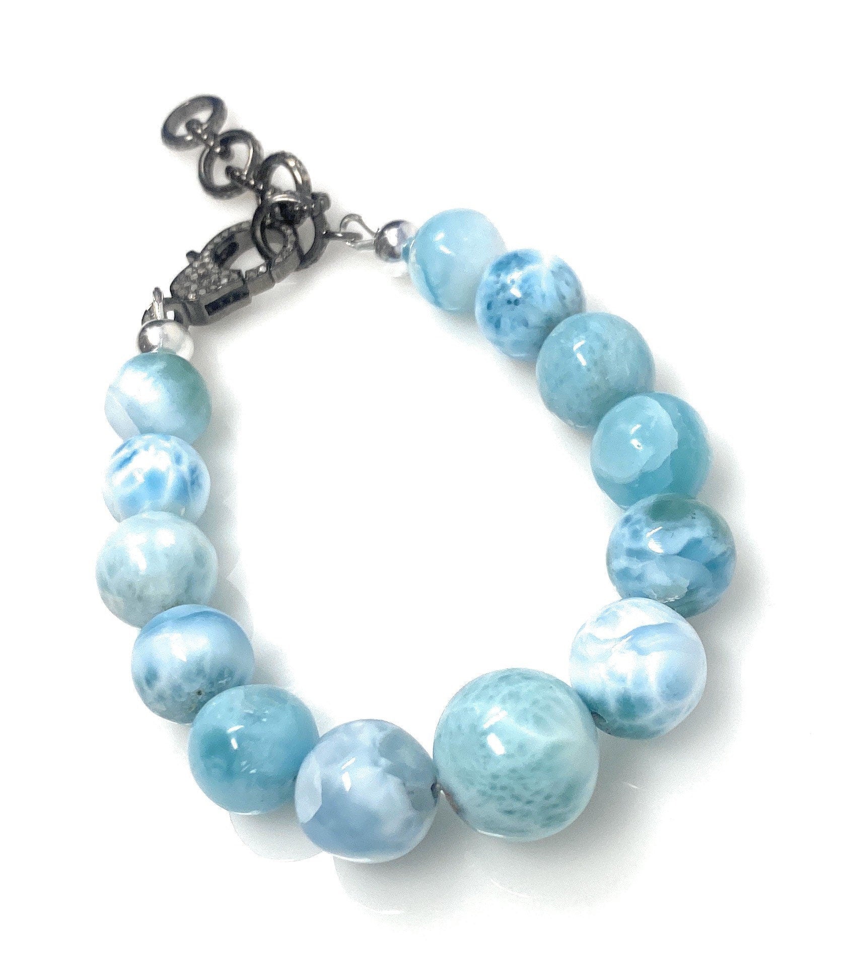 Rare Genuine Larimar Gemstone Bracelet, Pave Diamond Adjustable