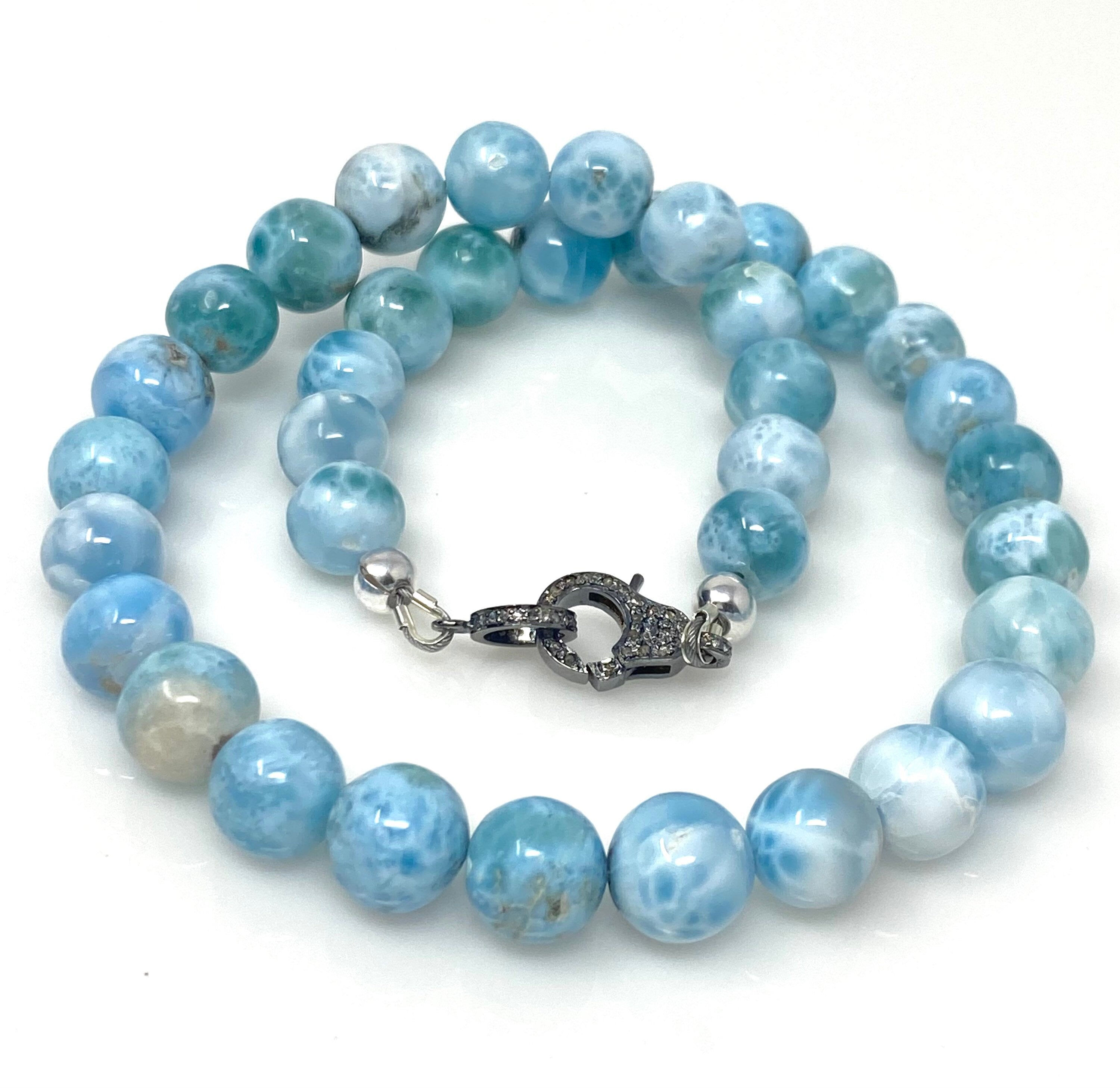 10.5mm -11.5mm Rare Larimar Gemstone Necklace, Bohemian Jewelry,