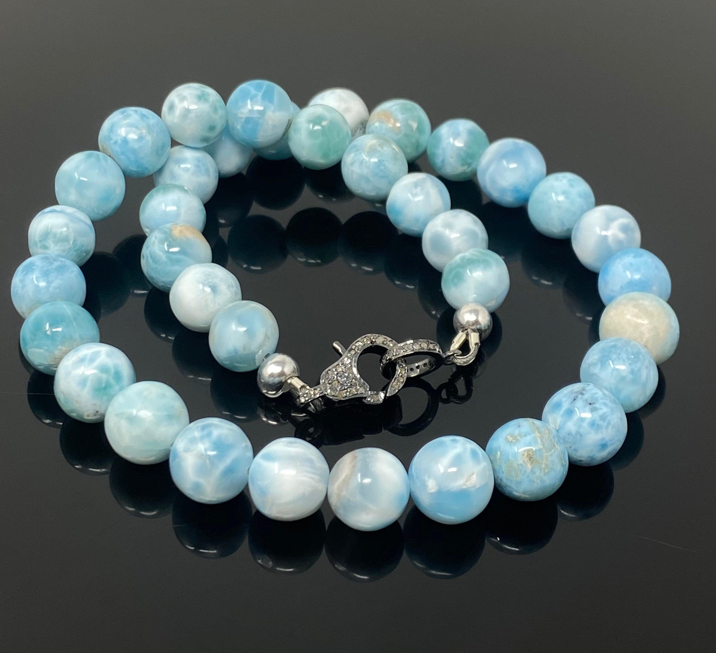 10.5mm -11.5mm Rare Larimar Gemstone Necklace, Bohemian Jewelry,