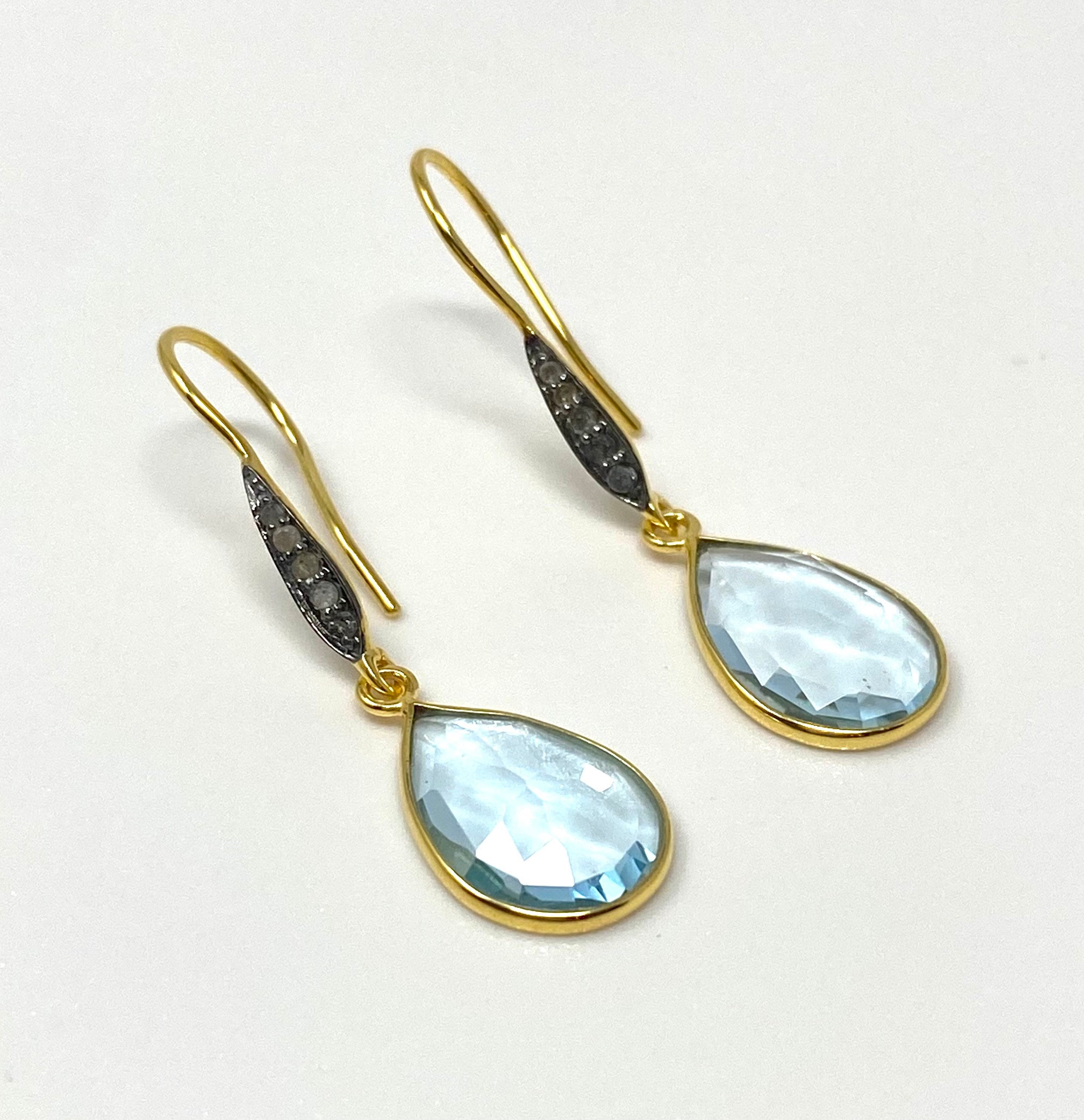 Genuine Sky Blue Topaz Pave Diamond Earrings, 14K Gold Plated Sterling