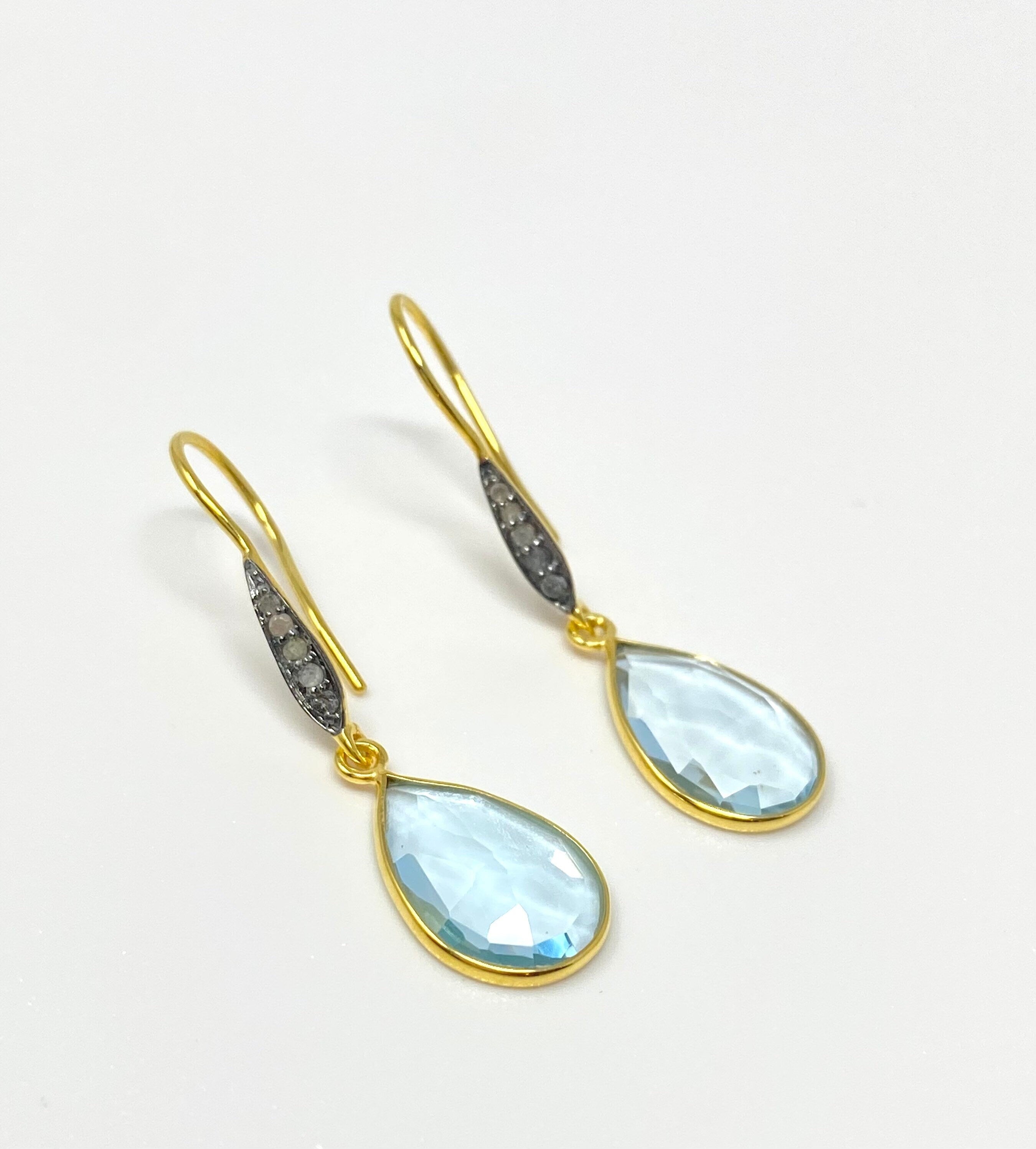 Genuine Sky Blue Topaz Pave Diamond Earrings, 14K Gold Plated Sterling