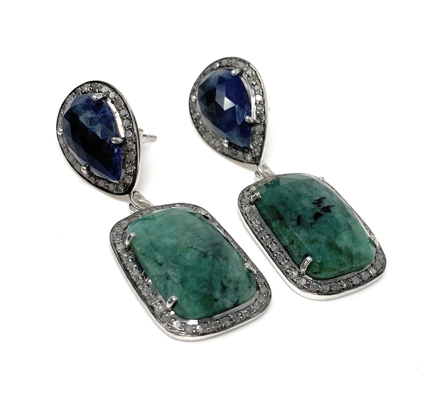 Genuine Emerald and Blue Sapphire  Pave Diamond Earrings, Sapphire Ear