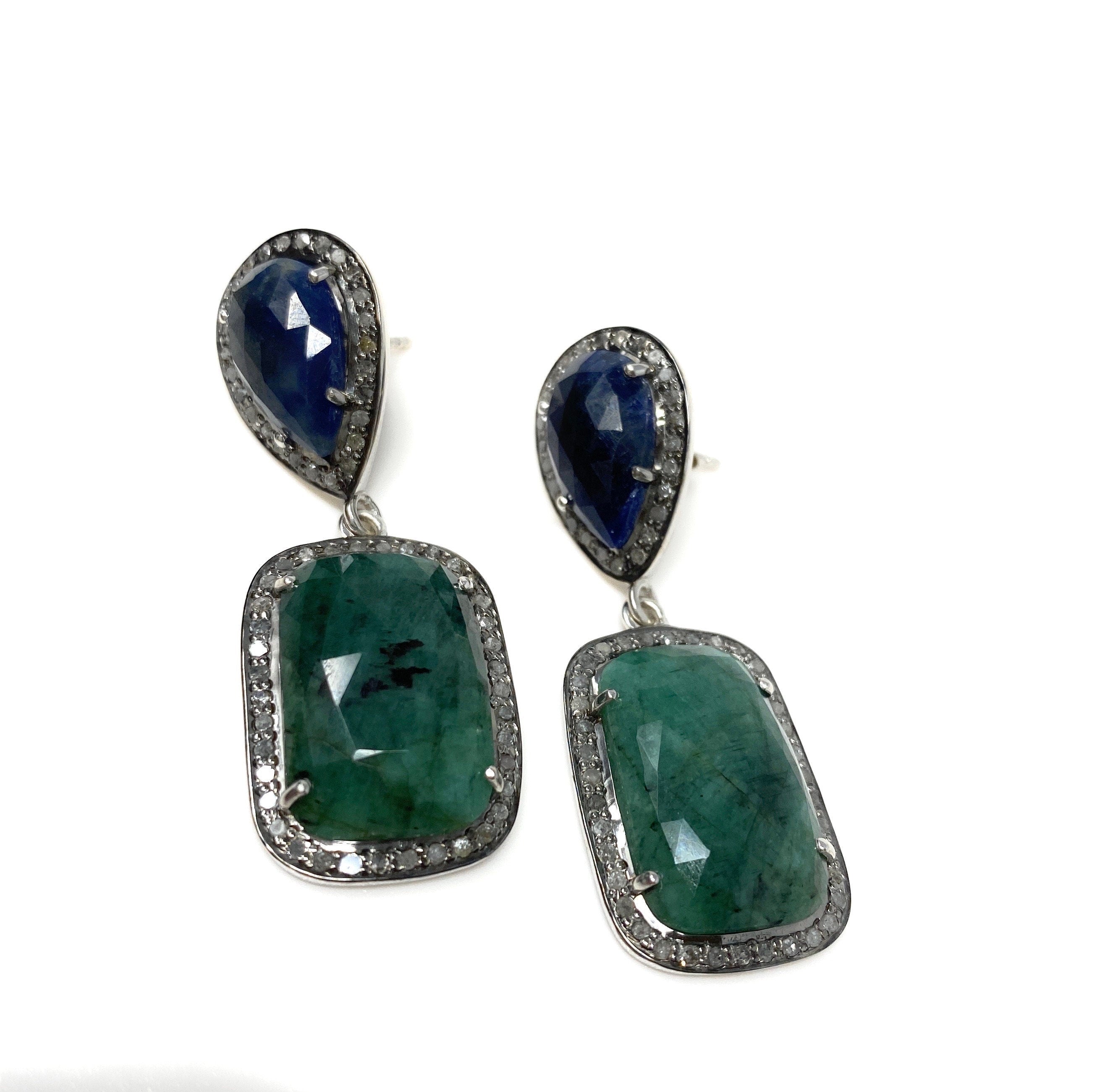 Genuine Emerald and Blue Sapphire  Pave Diamond Earrings, Sapphire Ear